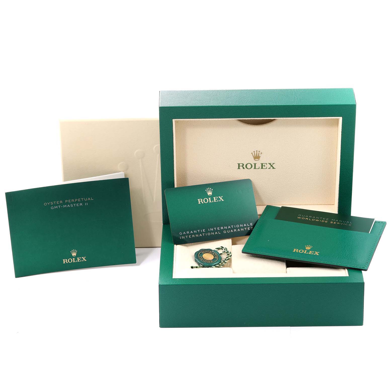 This image shows the packaging and documentation for a Rolex GMT-Master 126710 Men's Stainless Steel Black Dial 126710 Men's Stainless Steel Black Dial, including the box, manuals, and guarantee card.