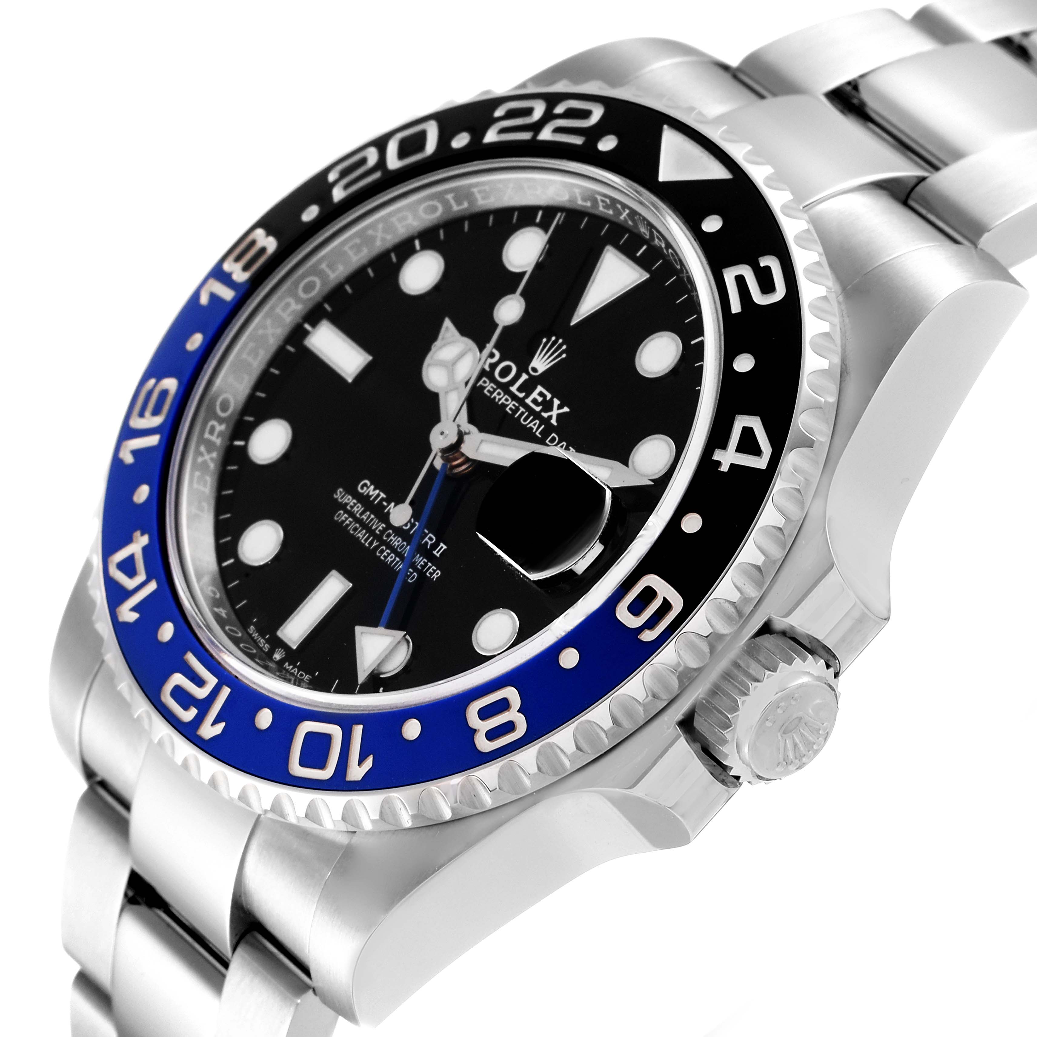 The image shows a side view of the Rolex GMT-Master 126710 Men's Stainless Steel Black Dial 126710 Men's Stainless Steel Black Dial watch, highlighting its bezel, dial, crown, and part of the bracelet.