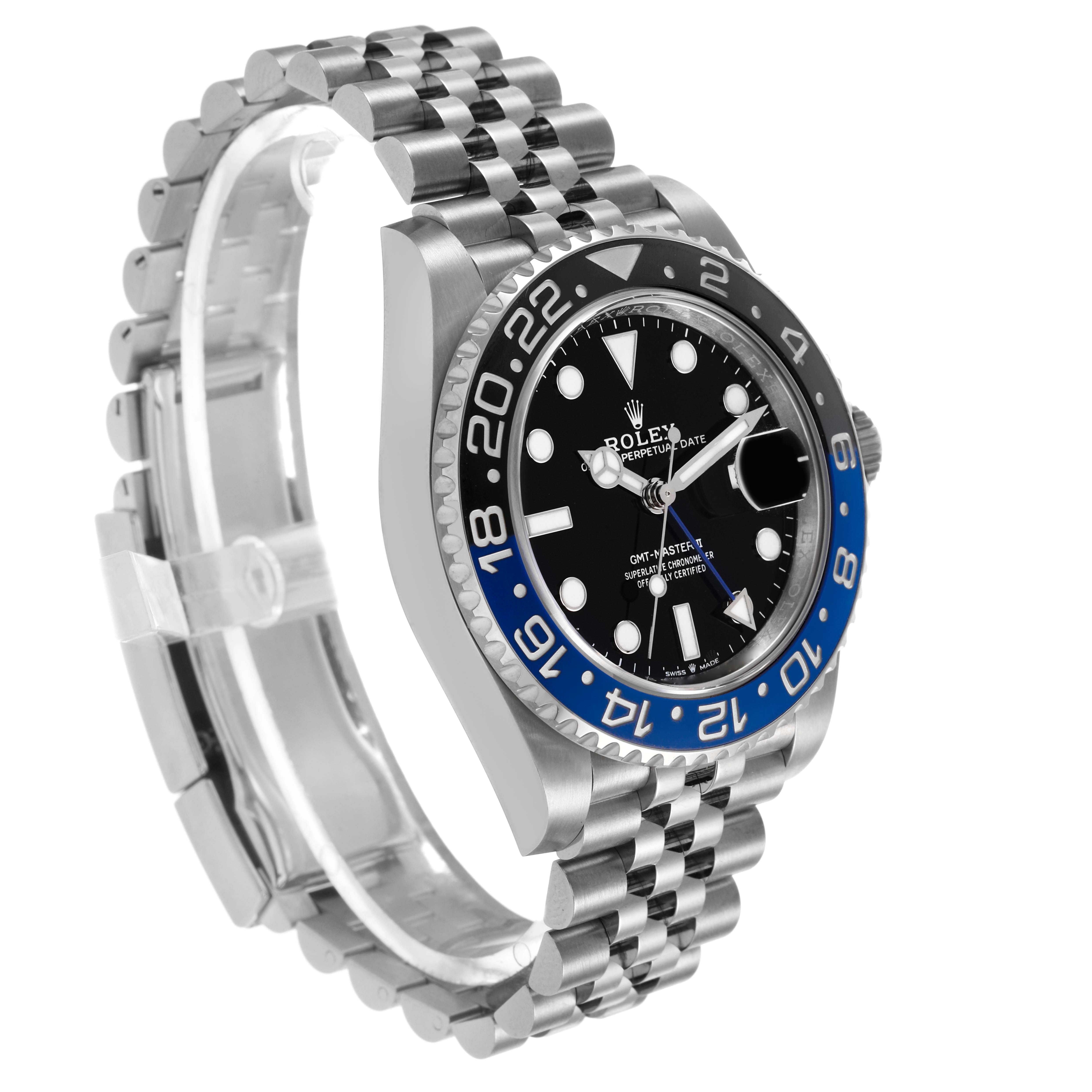 The Rolex GMT-Master 126710 Men's Stainless Steel Black Dial watch is shown from a side angle highlighting the dial, bezel, and bracelet.