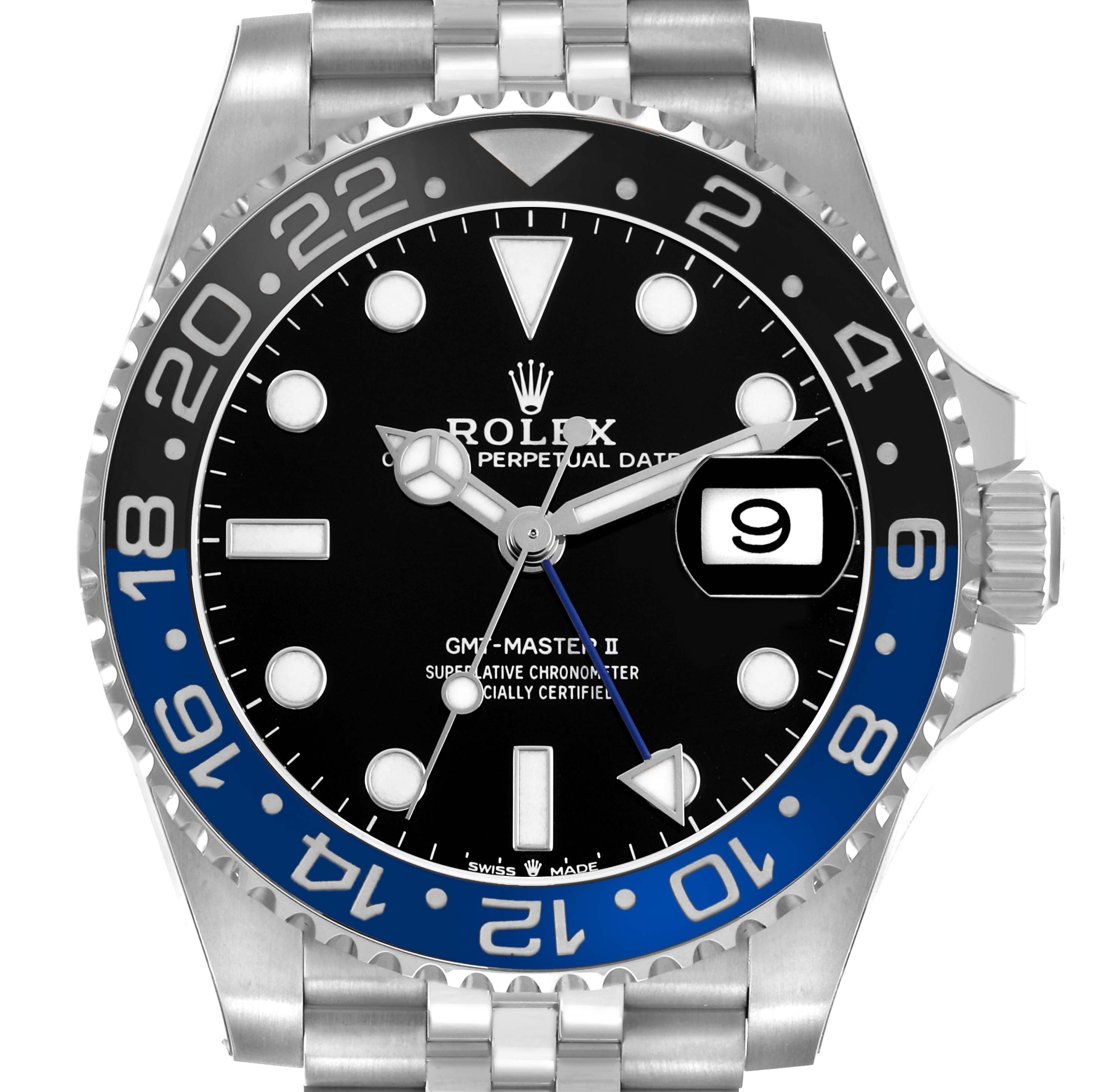 The Rolex GMT-Master 126710 Men's Stainless Steel Black Dial II is shown from the front, displaying its bezel, dial, hands, markers, and date window.