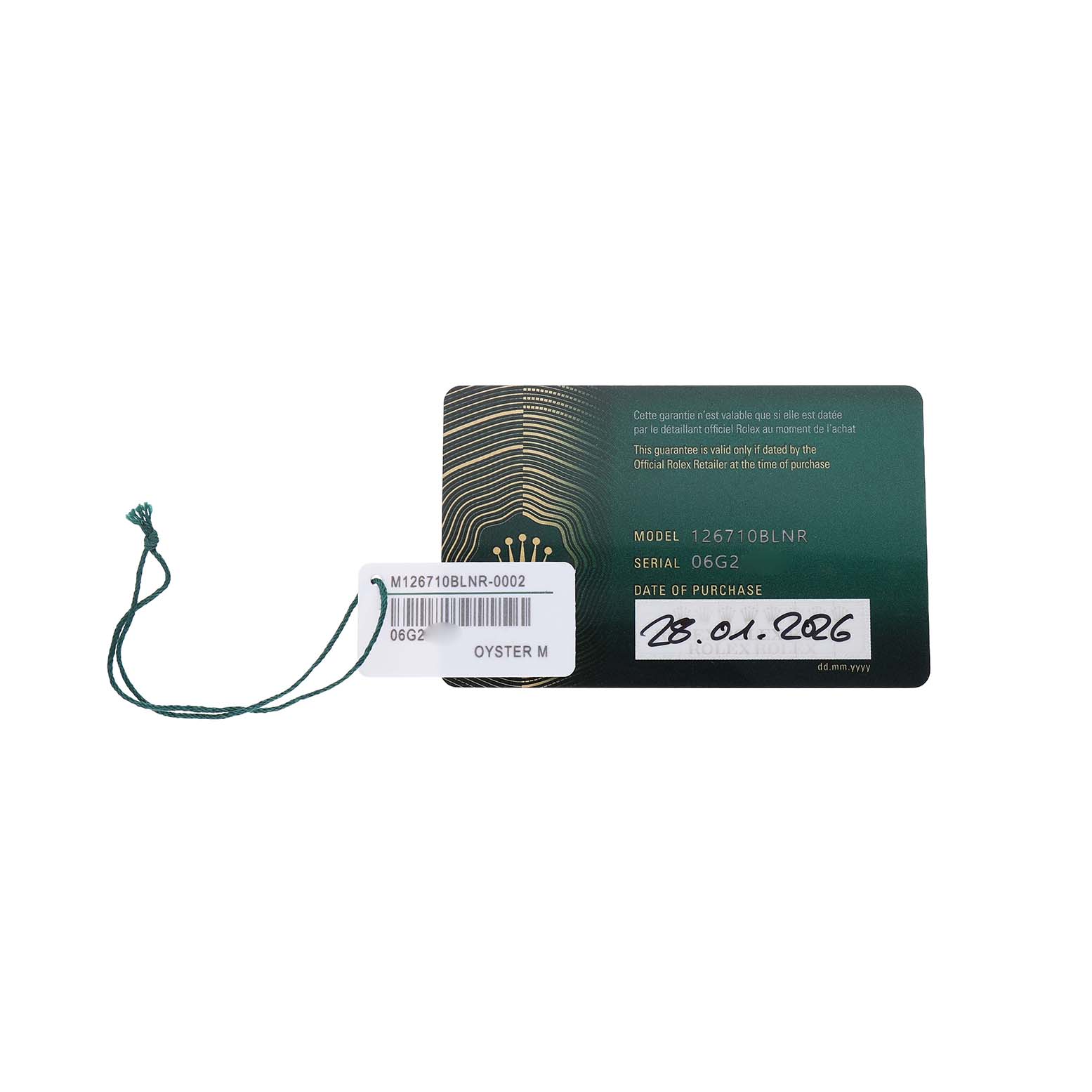 The image shows the warranty card and hang tag for a Rolex GMT-Master 126710 Men's Stainless Steel Black Dial model, featuring model and serial numbers.