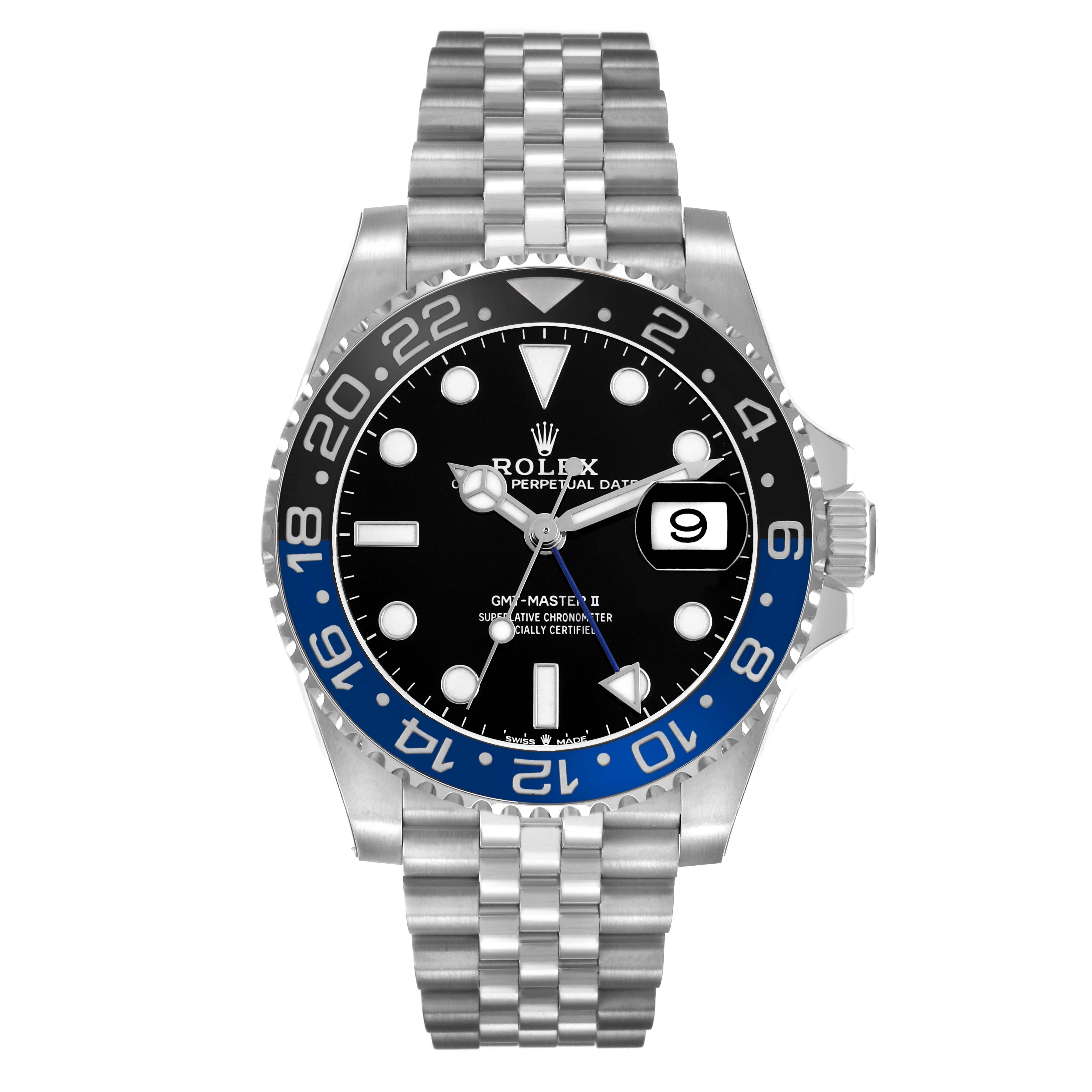 The Rolex GMT-Master 126710 Men's Stainless Steel Black Dial II watch is shown from the front, displaying its black and blue bezel, dial, and jubilee bracelet.