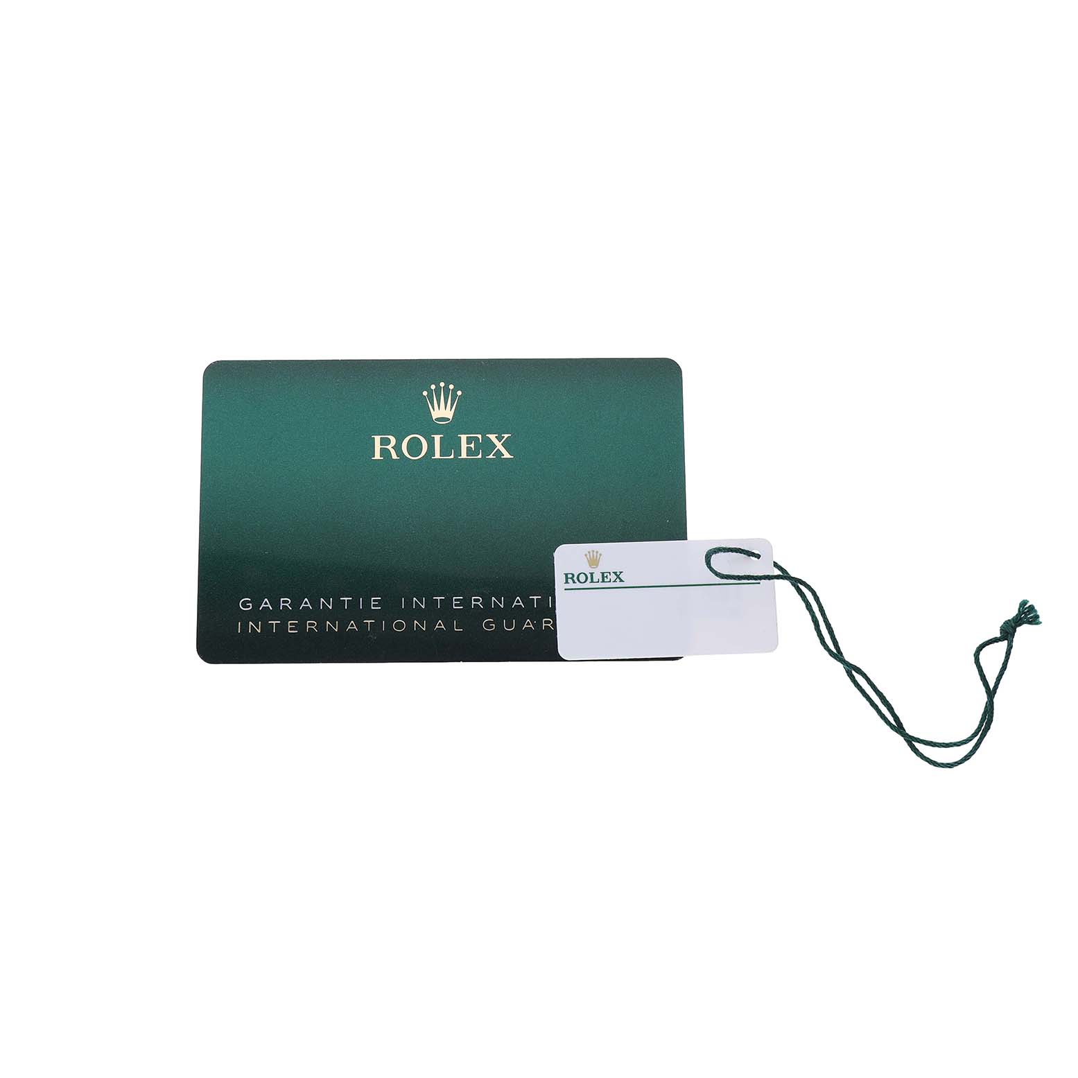 The image shows a Rolex GMT-Master 126710 Men's Stainless Steel Black Dial warranty card and tag with a green string.