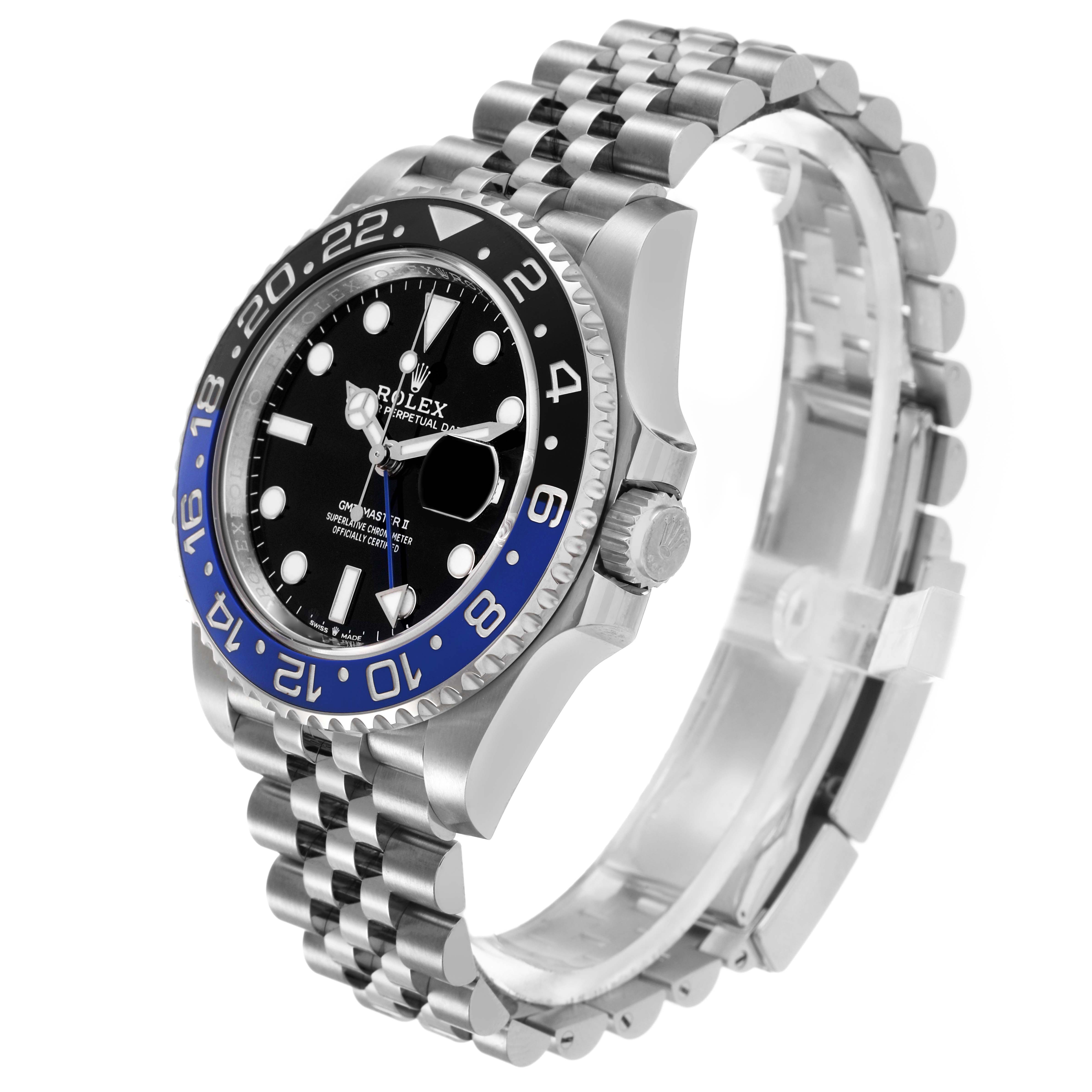 The Rolex GMT-Master 126710 Men's Stainless Steel Black Dial model is shown at an angle highlighting the bezel, dial, crown, and Jubilee bracelet.