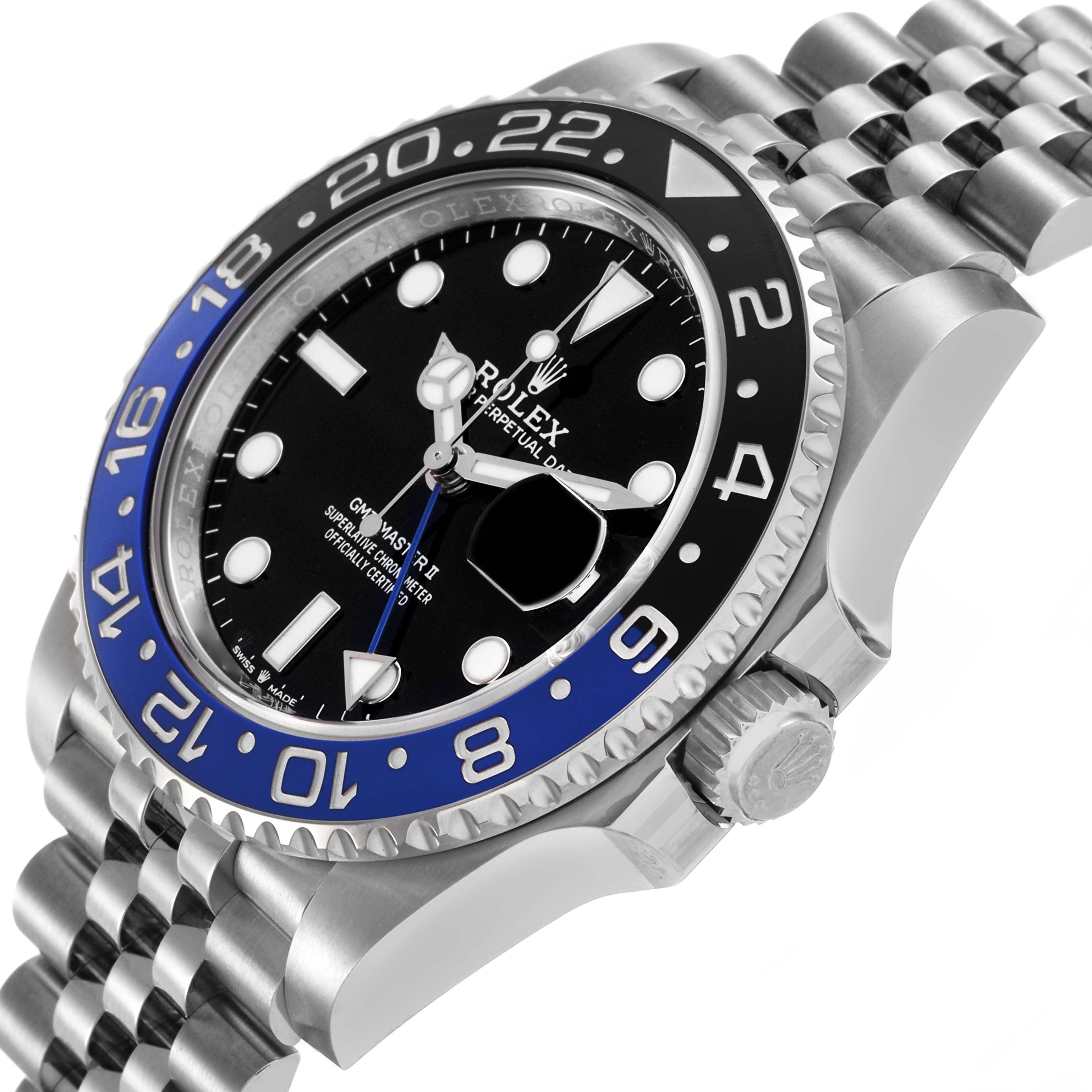 The Rolex GMT-Master 126710 Men's Stainless Steel Black Dial is shown at an angled side view, highlighting the bezel, dial, crown, and bracelet.