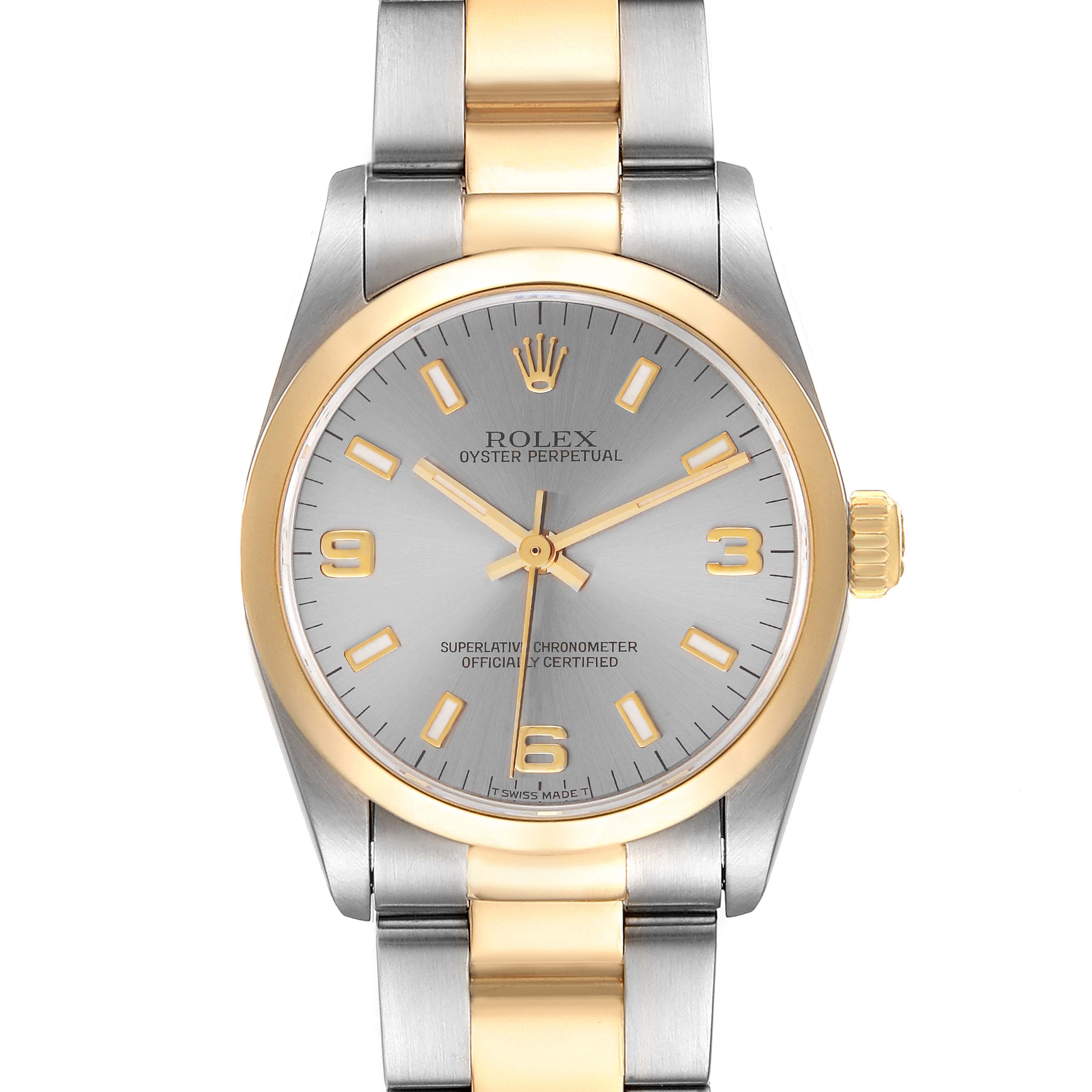 This image shows a front view of a Rolex Oyster Perpetual Mid-Size watch, highlighting its two-tone bracelet, dial, and crown.