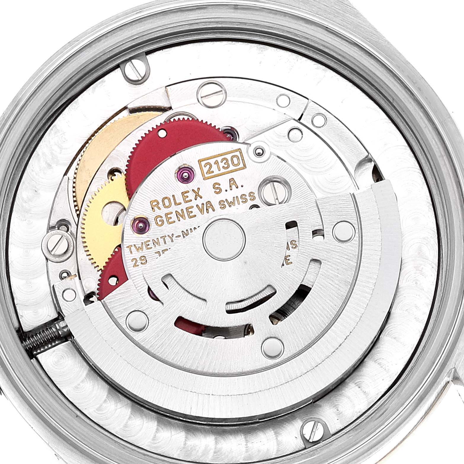 This image shows the internal mechanical movement of a Rolex Mid-Size 67483 Women's Steel and Gold (two tone) Grey Dial 67483 Women's Steel and Gold (two tone) Grey Dial watch, viewed from the back.