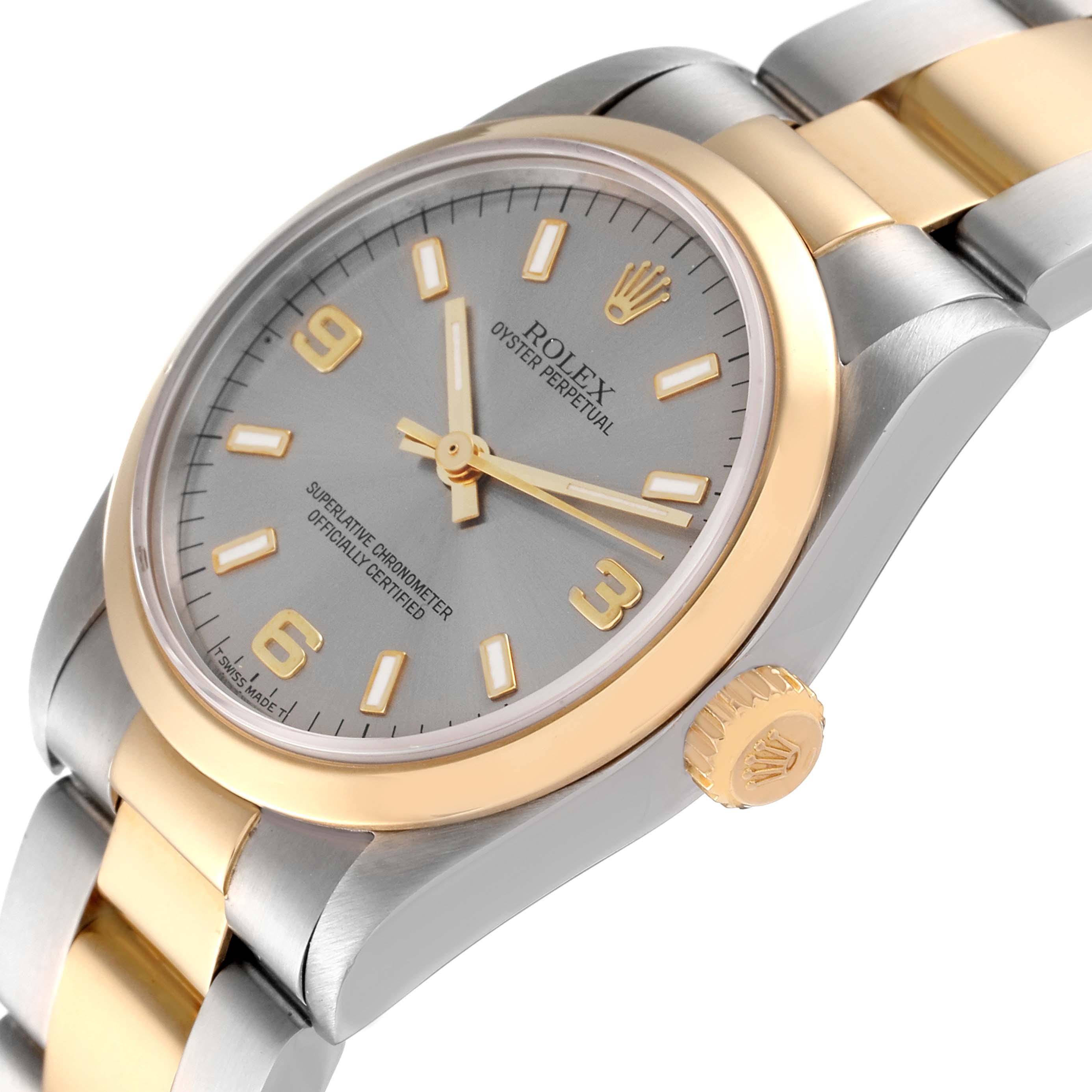 The Rolex Oyster Perpetual Mid-Size watch is shown at a slight angle, highlighting the face, crown, and part of the bracelet.