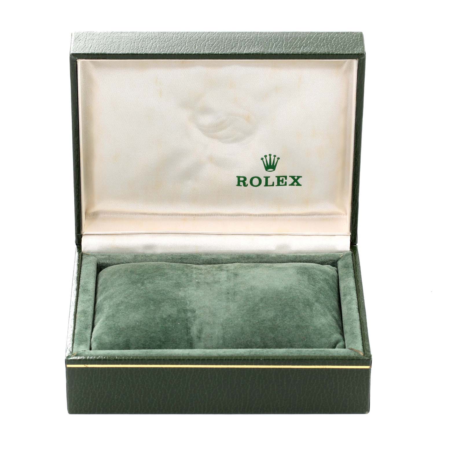 The image shows an open green Rolex watch box for a Mid-Size model, with a green velvet cushion inside.