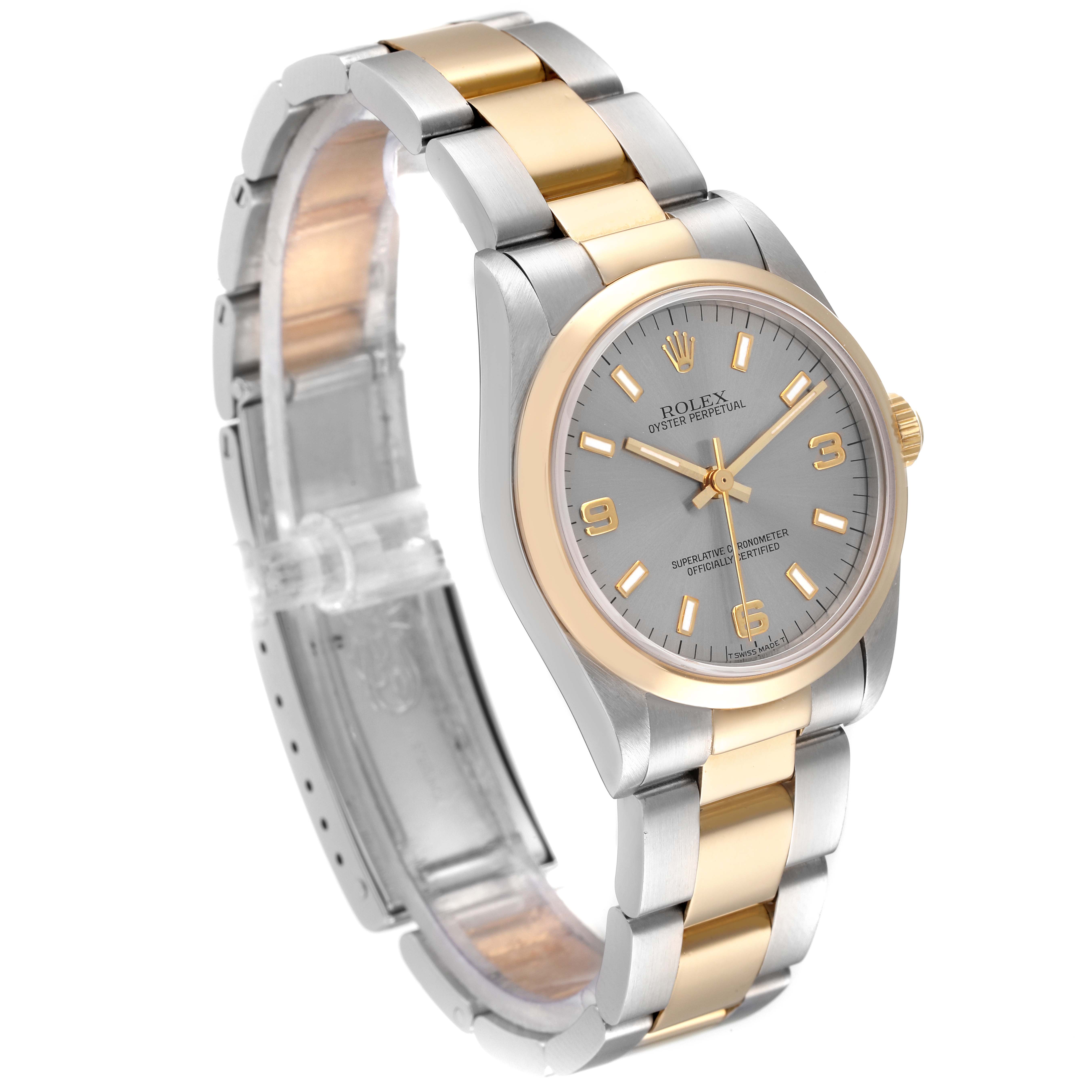 The image shows a Rolex Mid-Size 67483 Women's Steel and Gold (two tone) Grey Dial 67483 Women's Steel and Gold (two tone) Grey Dial watch at a slight angle, showcasing the dial, bezel, and bracelet.