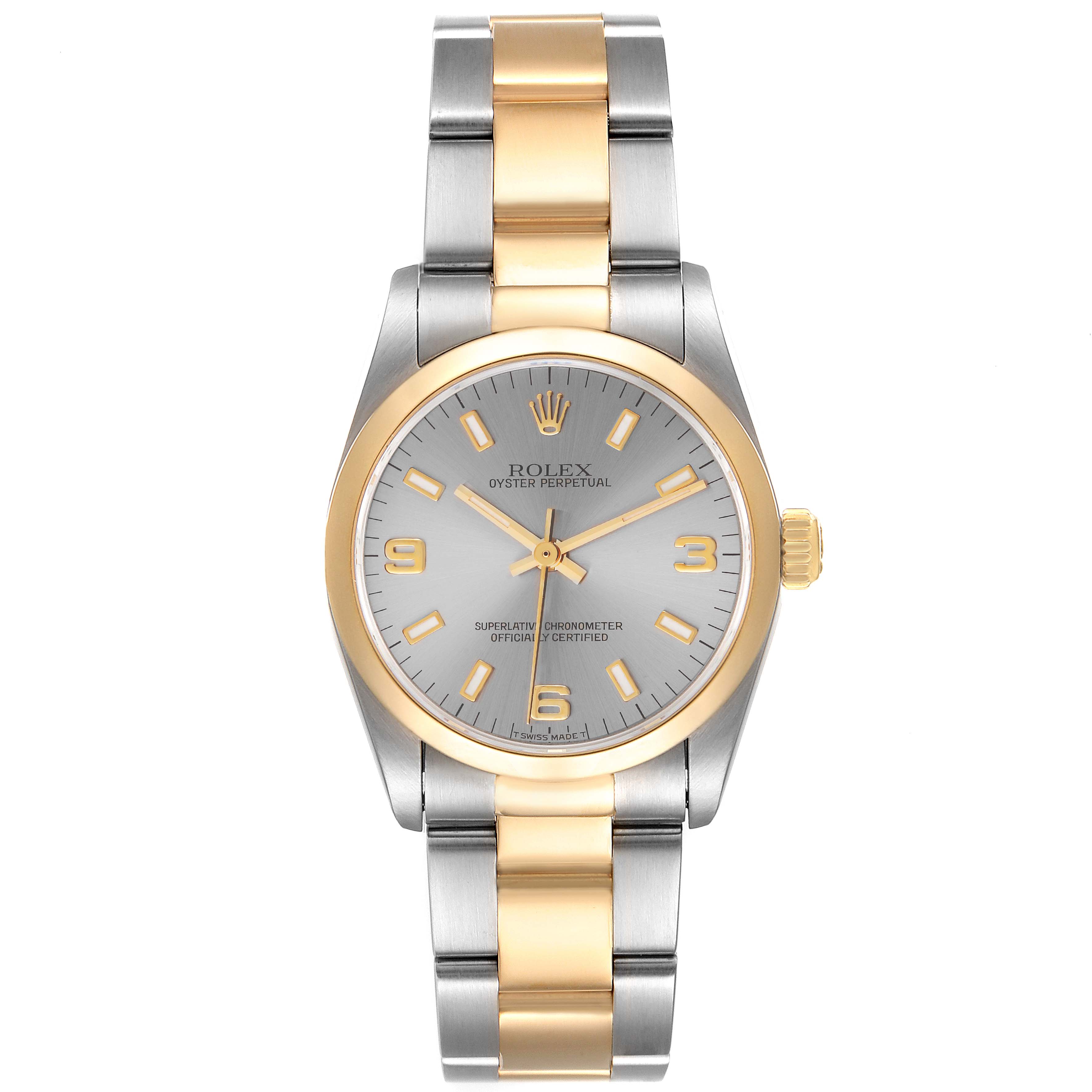 This image shows a front view of a Rolex Mid-Size 67483 Women's Steel and Gold (two tone) Grey Dial 67483 Women's Steel and Gold (two tone) Grey Dial Oyster Perpetual watch with a two-tone silver and gold bracelet.