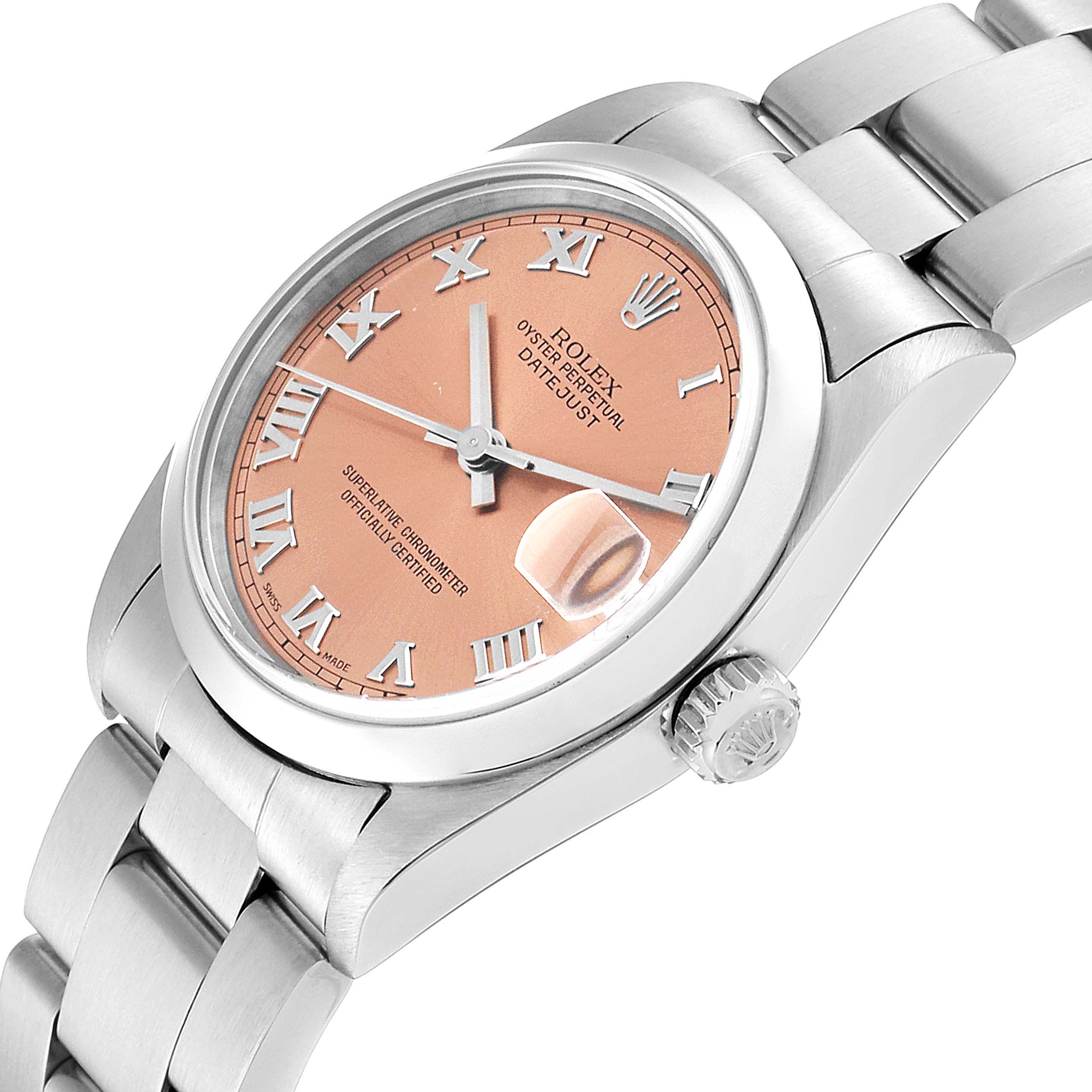 The Rolex Mid-Size 68240 Women
s Stainless Steel Pink Dial 68240 Women
s Stainless Steel Pink Dial watch is shown from an angled perspective, highlighting its pink dial, Roman numerals, crown, and bracelet.