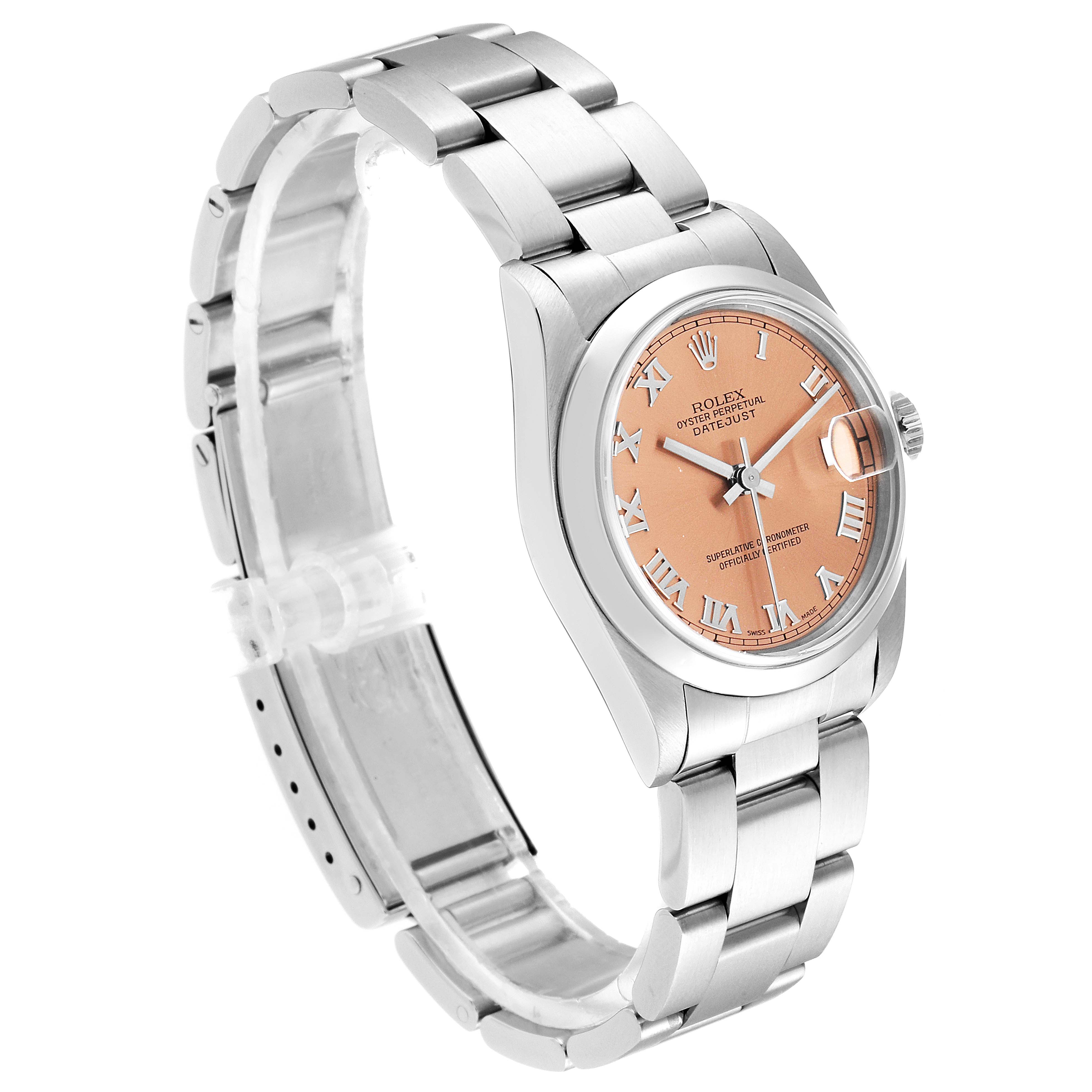 The image shows a Rolex Mid-Size 68240 Women
s Stainless Steel Pink Dial 68240 Women
s Stainless Steel Pink Dial watch from a front-side angle, highlighting the strap and peach-colored dial.