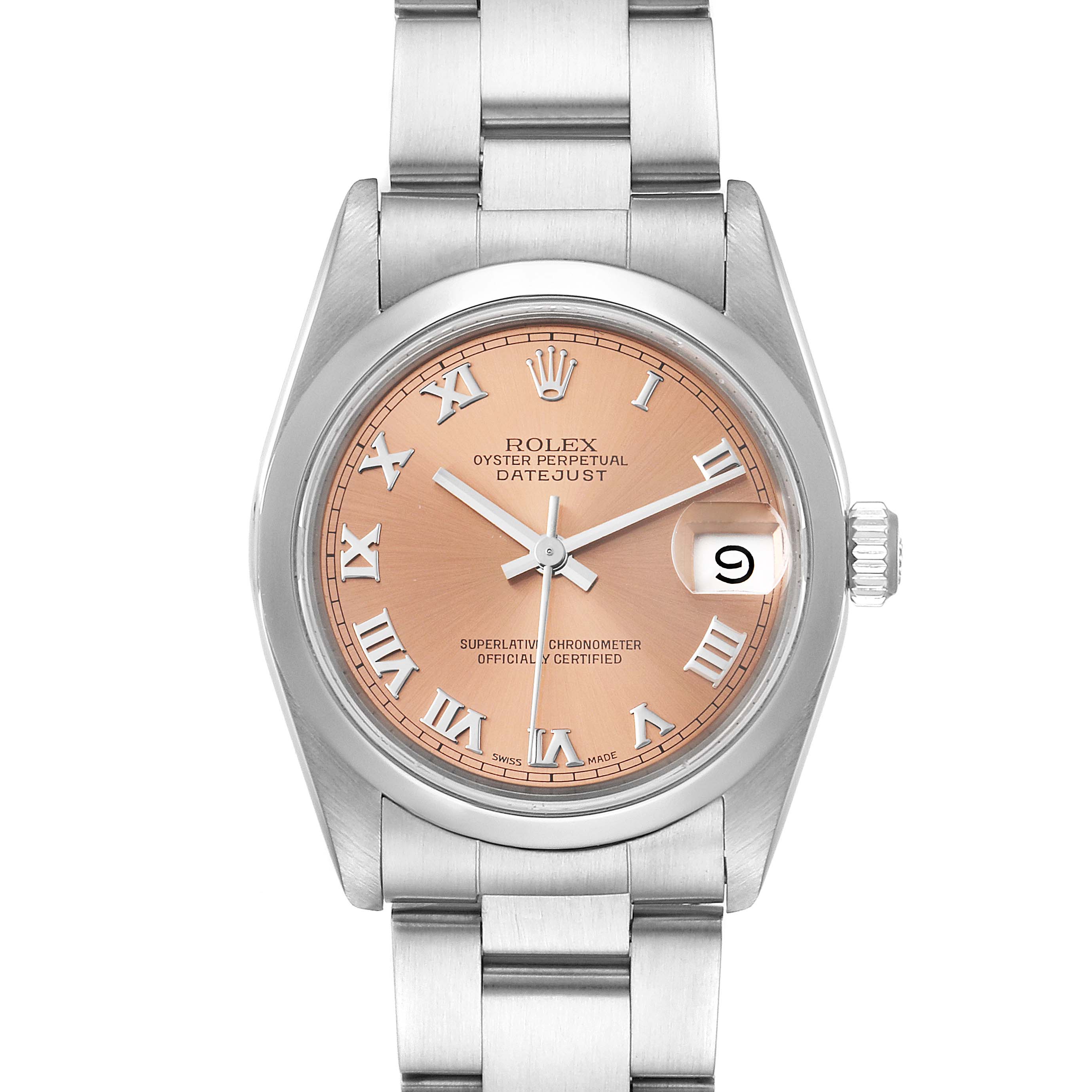 This is a front view of a Rolex Mid-Size 68240 Women
s Stainless Steel Pink Dial 68240 Women
s Stainless Steel Pink Dial Oyster Perpetual Datejust watch with a stainless steel bracelet and rose dial.