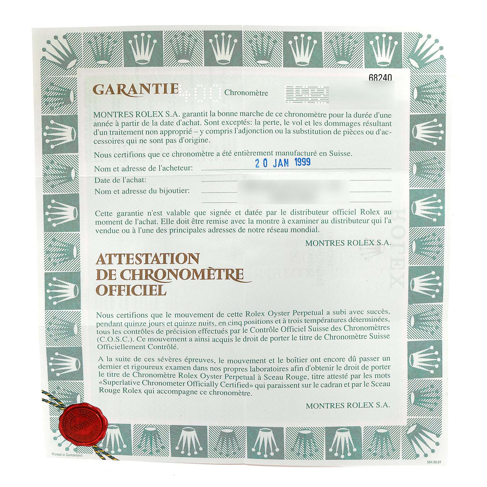 The image shows a warranty certificate for a Rolex Mid-Size 68240 Women
s Stainless Steel Pink Dial 68240 Women
s Stainless Steel Pink Dial watch, dated 20 January 1999.