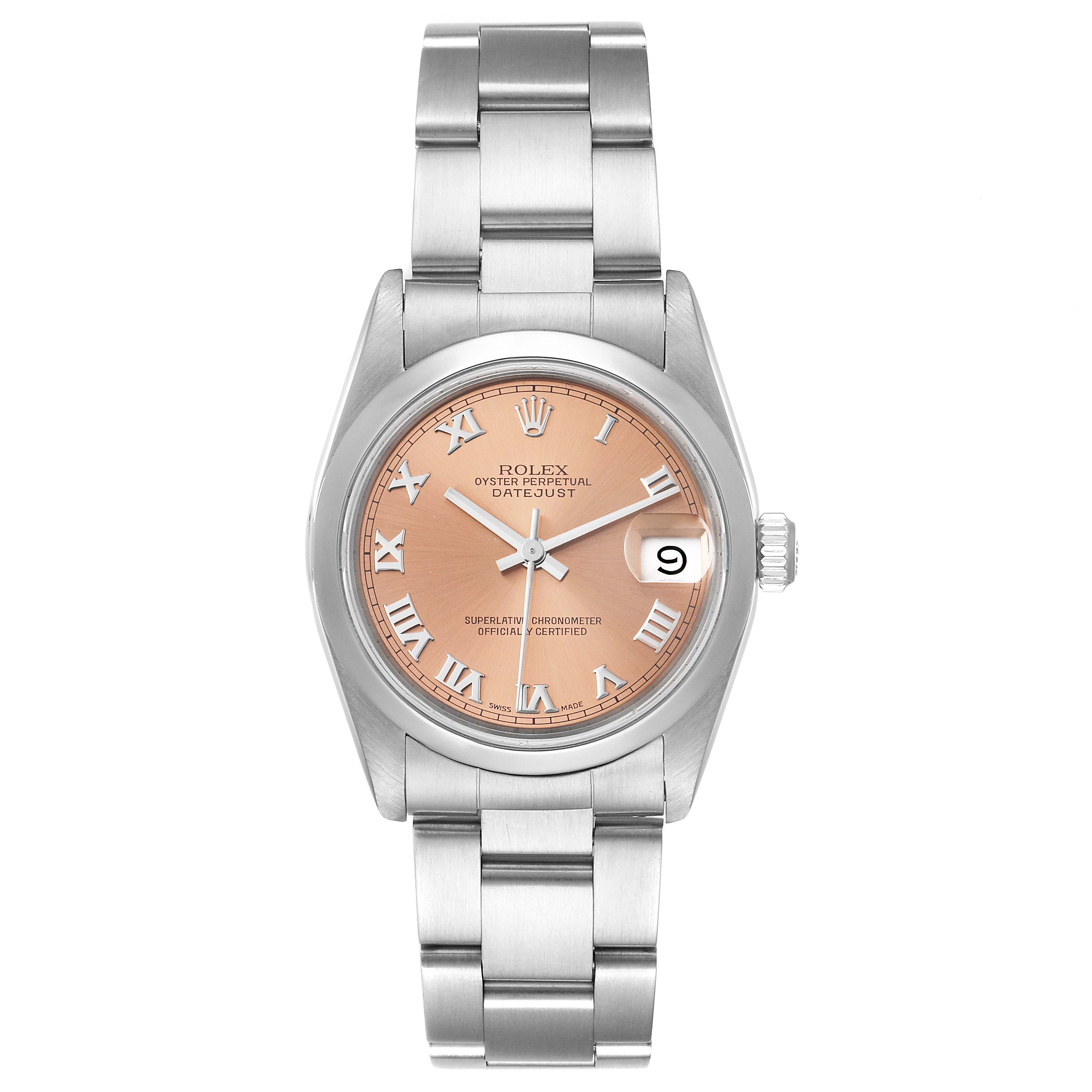 This image shows a front view of the Rolex Mid-Size 68240 Women
s Stainless Steel Pink Dial 68240 Women
s Stainless Steel Pink Dial Oyster Perpetual Datejust watch, highlighting its dial, bracelet, and crown.