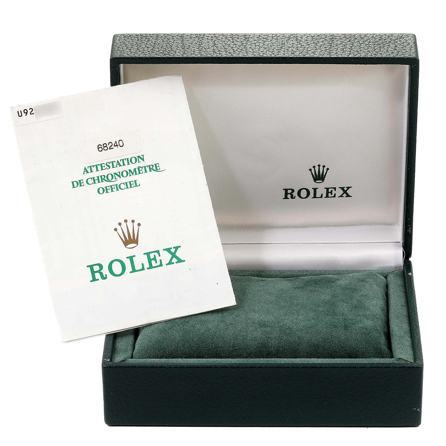 The image shows a Rolex Mid-Size 68240 Women
s Stainless Steel Pink Dial 68240 Women
s Stainless Steel Pink Dial watch box and an official chronometer certification document.