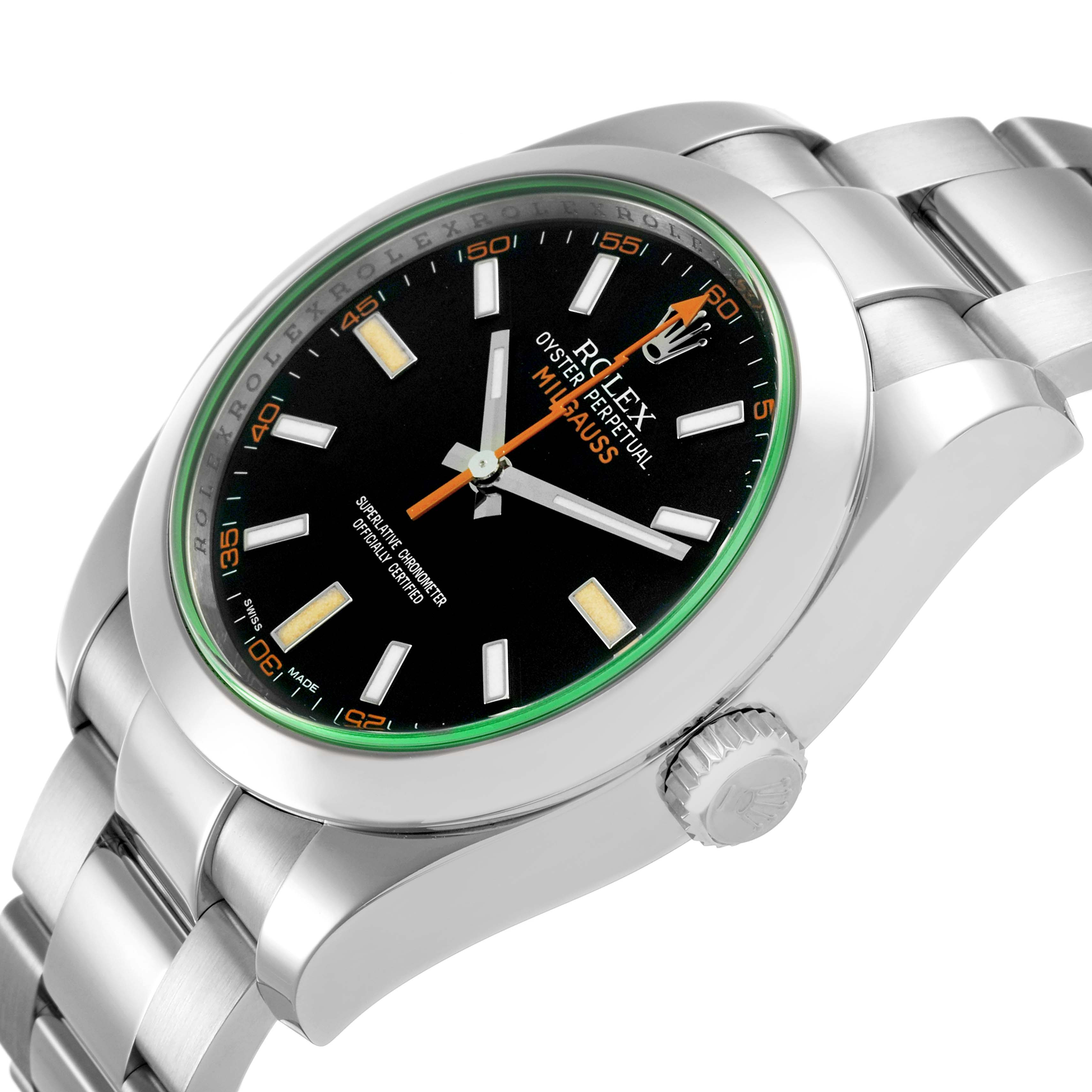 The Rolex Milgauss 116400GV Men's Stainless Steel Black Dial watch is shown at a slight angle, highlighting the black dial, green sapphire crystal, and stainless steel bracelet.