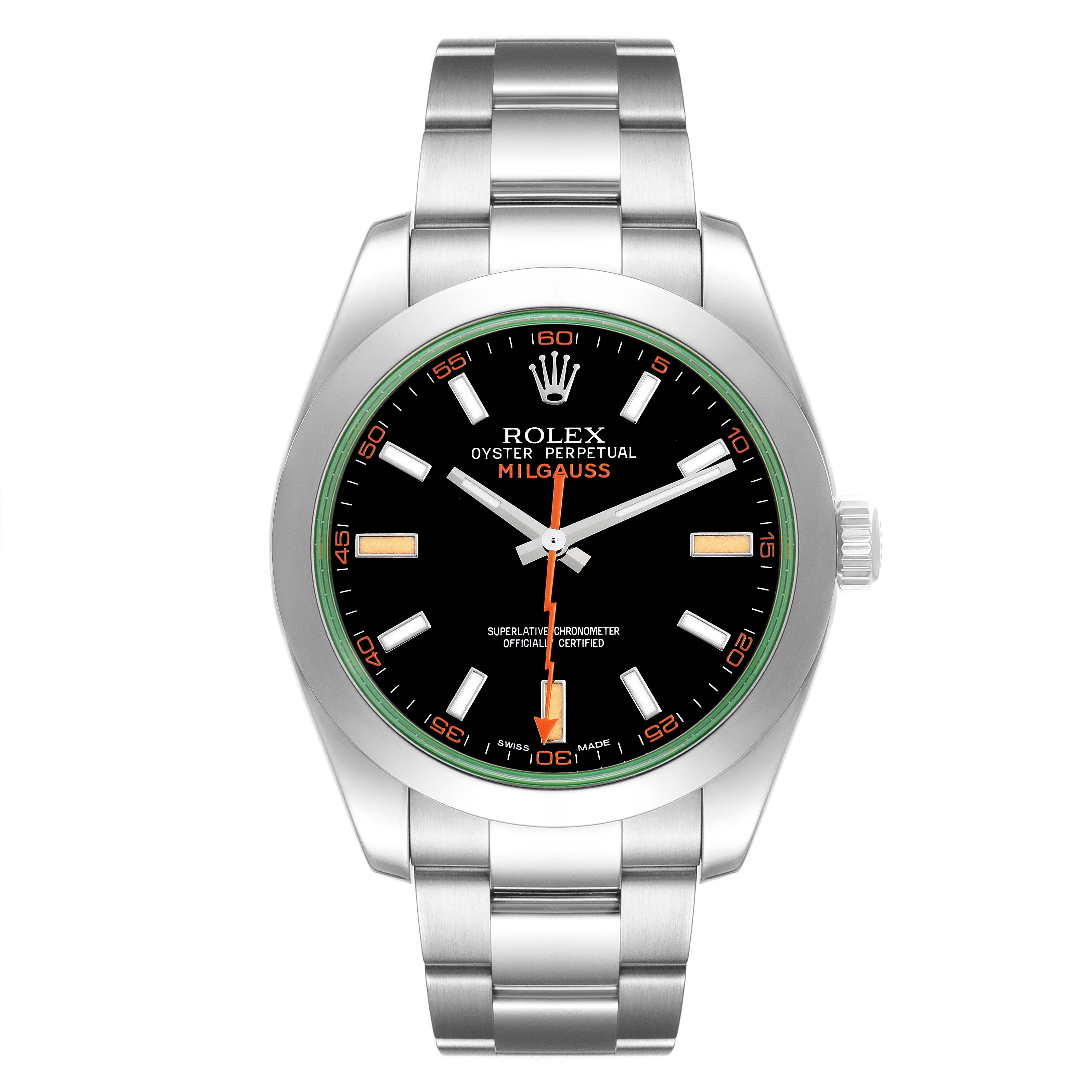 The Rolex Milgauss 116400GV Men's Stainless Steel Black Dial watch is shown from the front, displaying the face, bezel, and a portion of the bracelet.