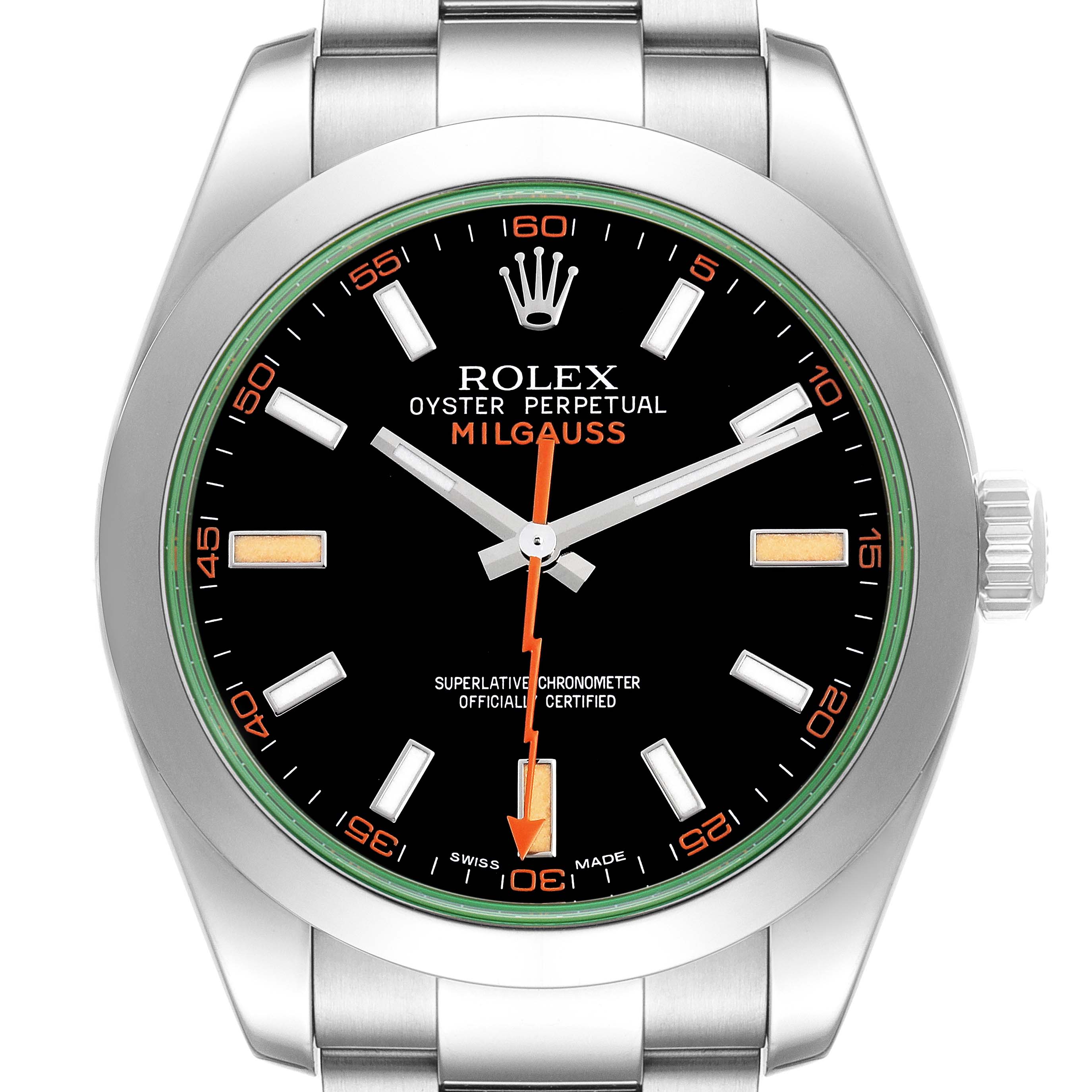 The Rolex Milgauss 116400GV Men's Stainless Steel Black Dial watch is shown from a top-down angle, highlighting its black dial, orange details, and stainless steel case.