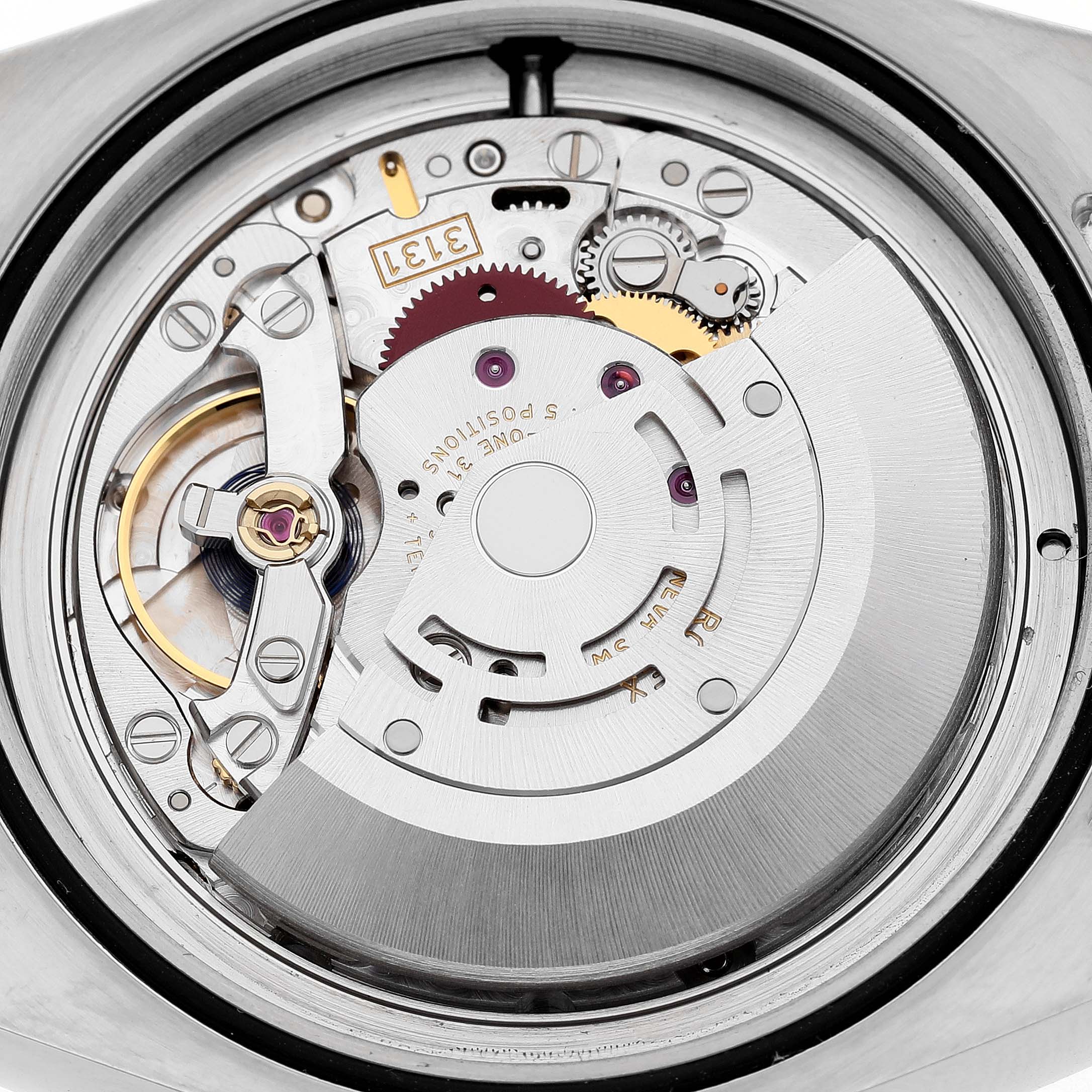 The image shows the internal movement mechanism of the Rolex Milgauss 116400GV Men's Stainless Steel Black Dial watch from a top-down perspective.