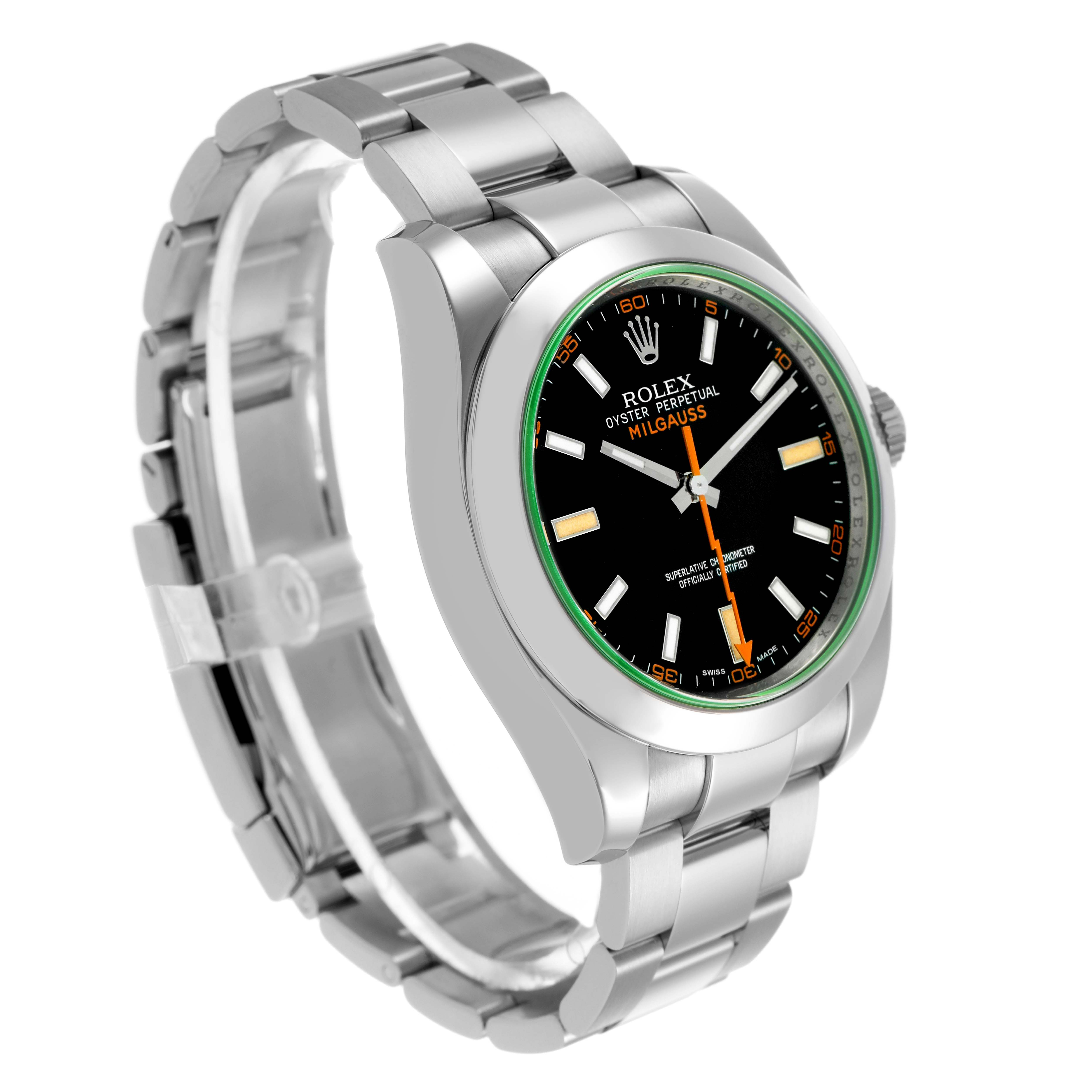 The Rolex Milgauss 116400GV Men's Stainless Steel Black Dial watch is shown at a three-quarter angle, highlighting the bracelet, black dial, and orange lightning bolt seconds hand.