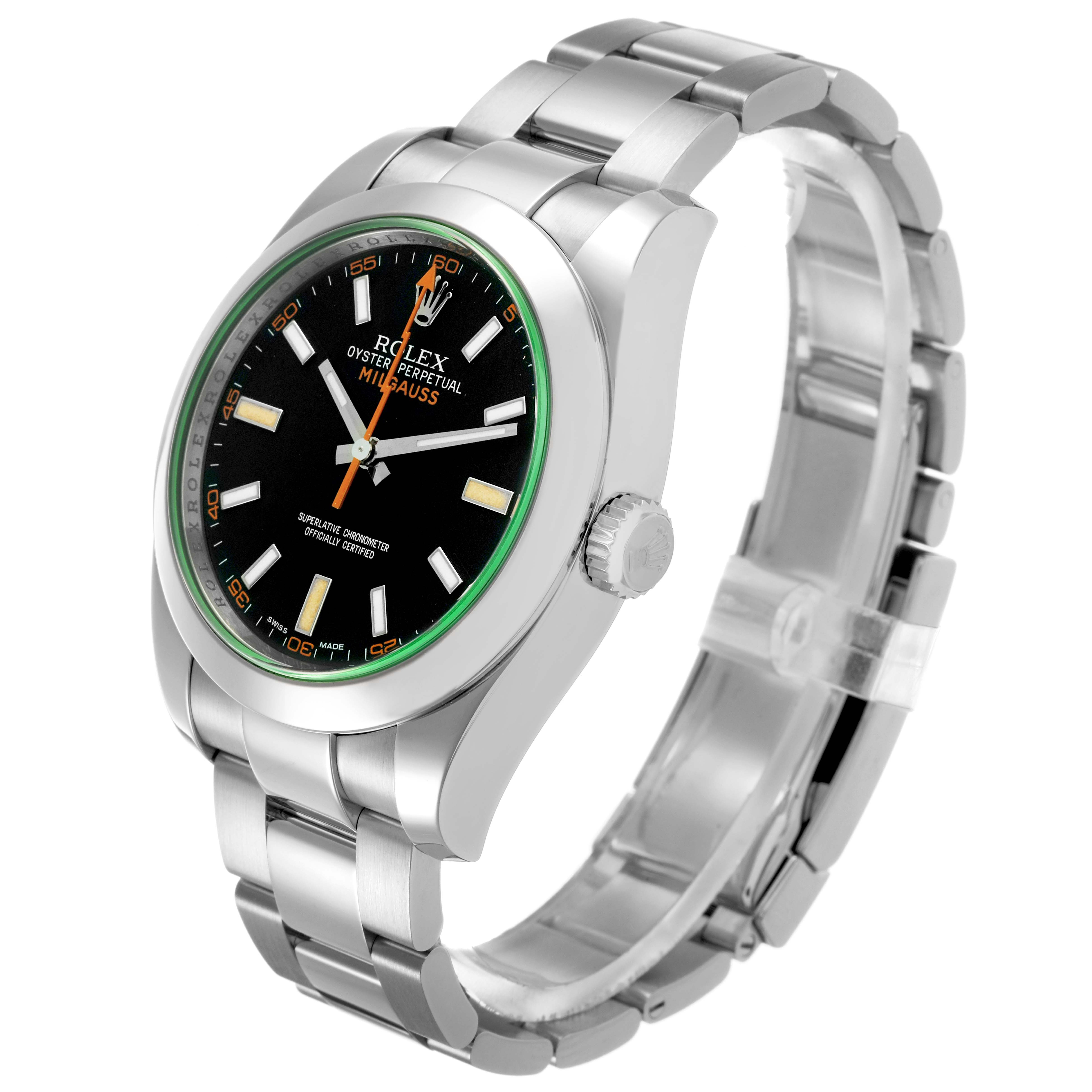 The image shows a Rolex Milgauss 116400GV Men's Stainless Steel Black Dial watch at a three-quarter angle, highlighting the face, bezel, crown, and bracelet.