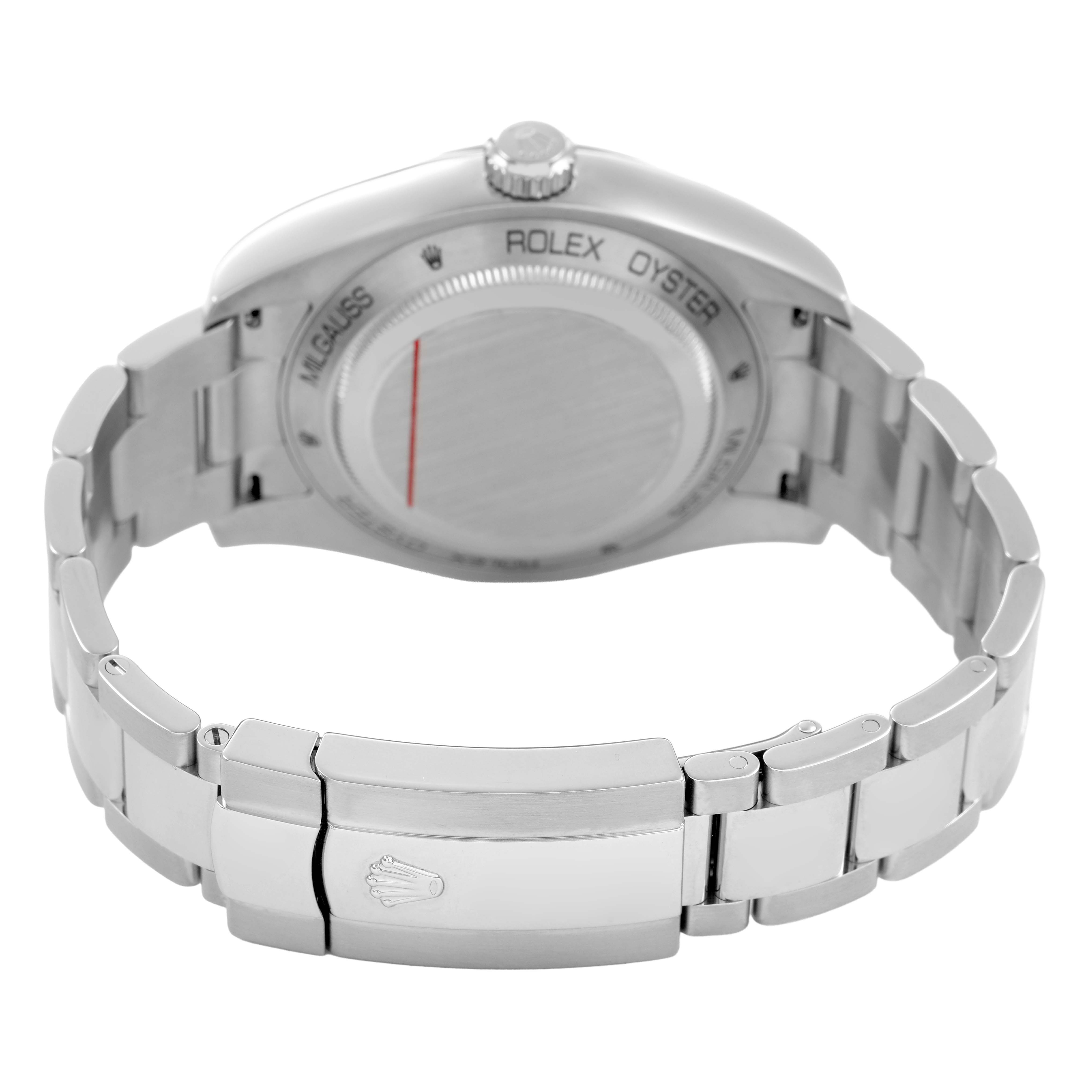 The image shows the back and bracelet of the Rolex Milgauss 116400GV Men's Stainless Steel Black Dial, highlighting the clasp and case back engraving.