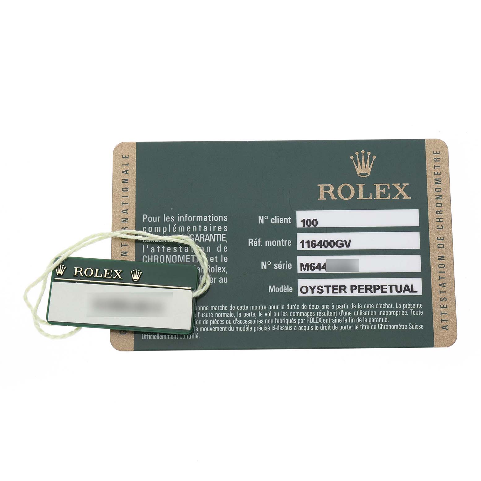 The image shows the warranty card and tag of a Rolex Milgauss 116400GV Men's Stainless Steel Black Dial model.