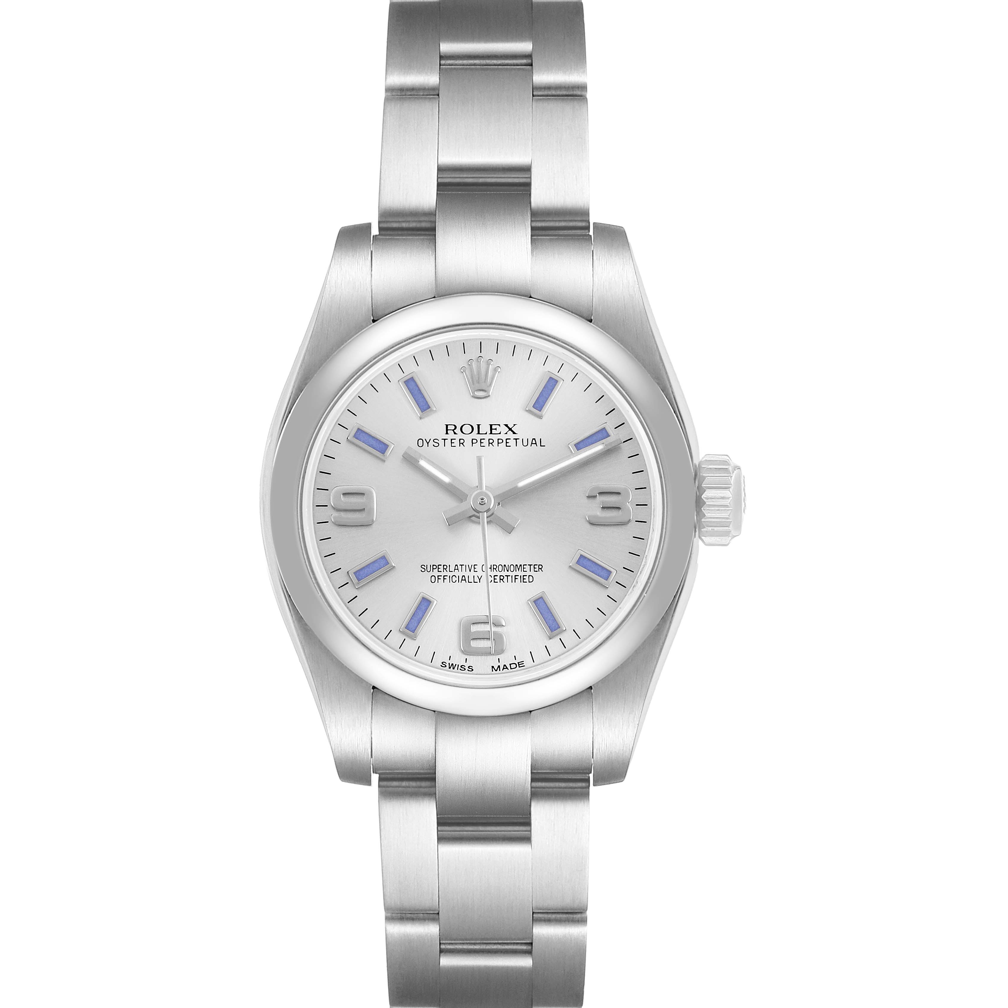 The Rolex Oyster Perpetual 176200 Women's Stainless Steel Silver Dial watch is shown from the front, featuring the full dial and bracelet.