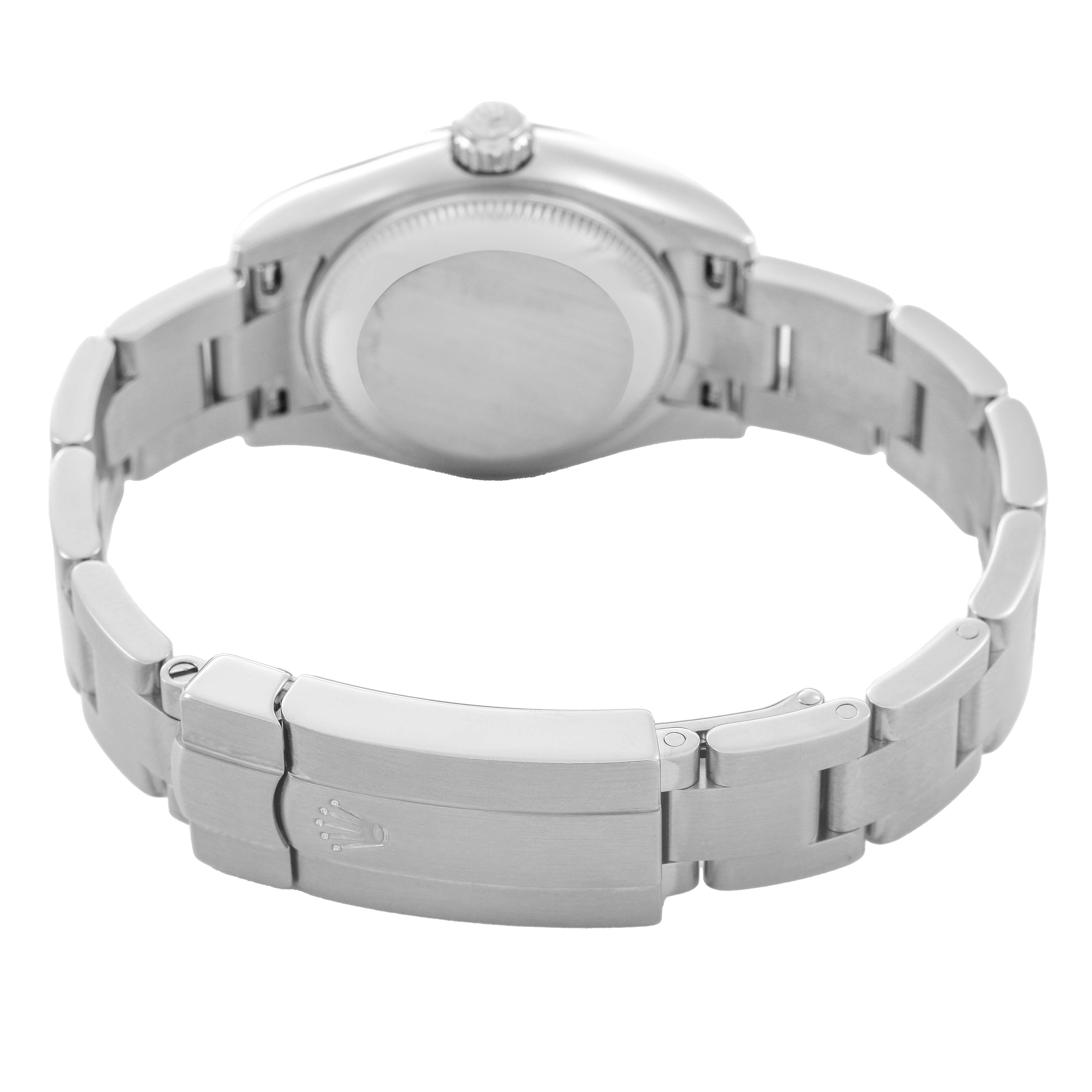 The image shows the back view of a Rolex Oyster Perpetual 176200 Women's Stainless Steel Silver Dial, highlighting the clasp and bracelet.