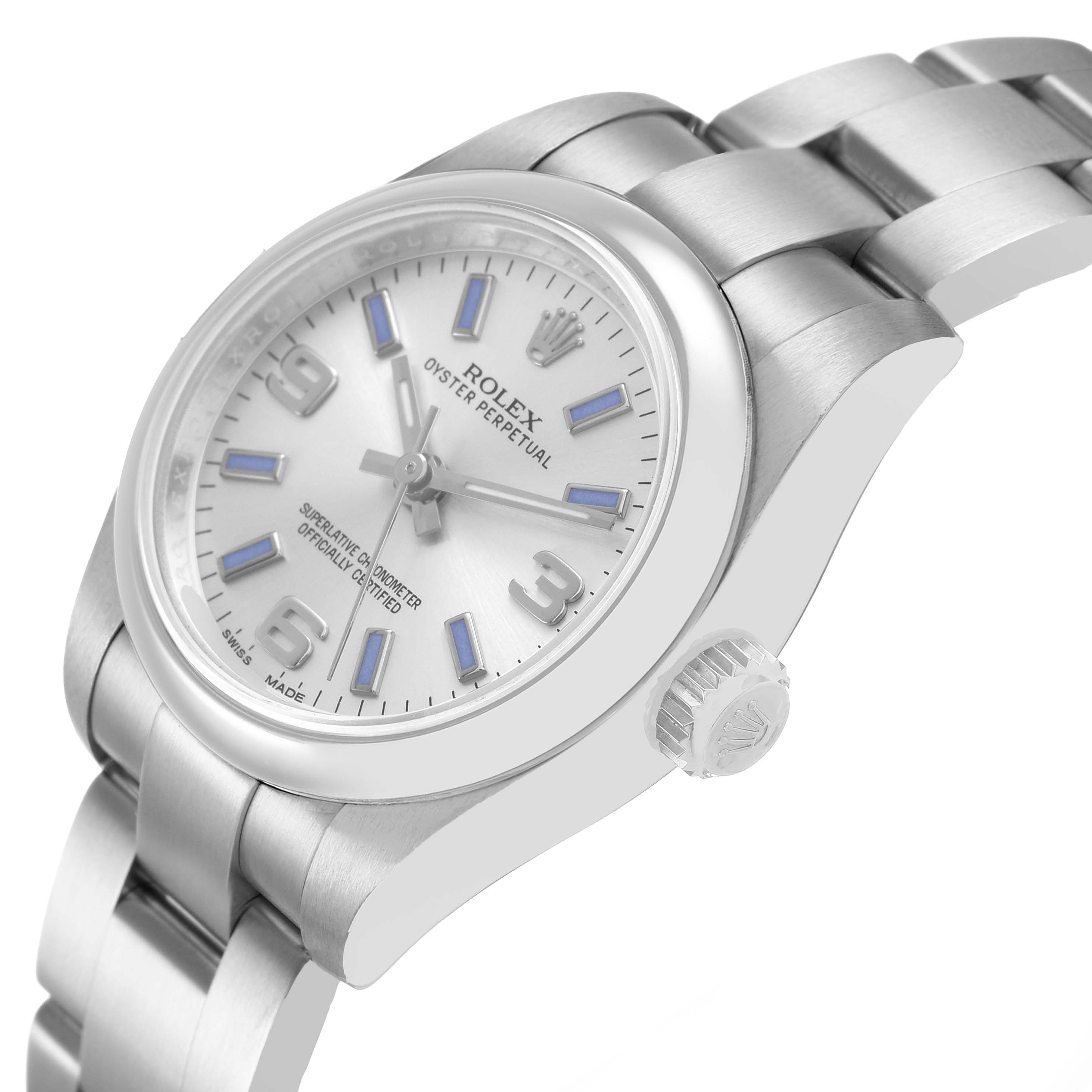 The Rolex Oyster Perpetual 176200 Women's Stainless Steel Silver Dial watch is shown at a side angle, displaying the face, bezel, crown, and bracelet.