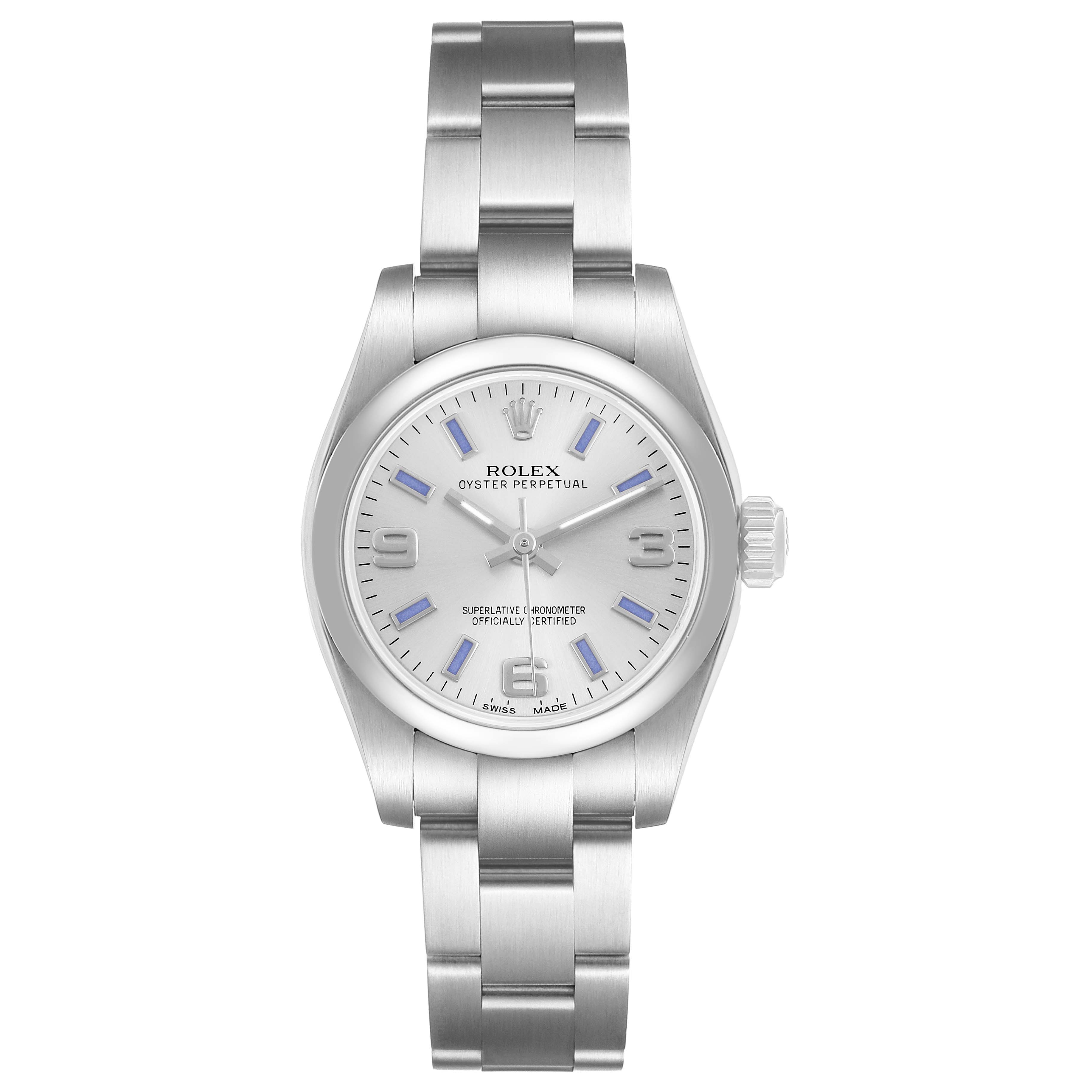 The Rolex Oyster Perpetual 176200 Women's Stainless Steel Silver Dial watch is shown from a top-down angle, highlighting the entire face, bezel, and bracelet.