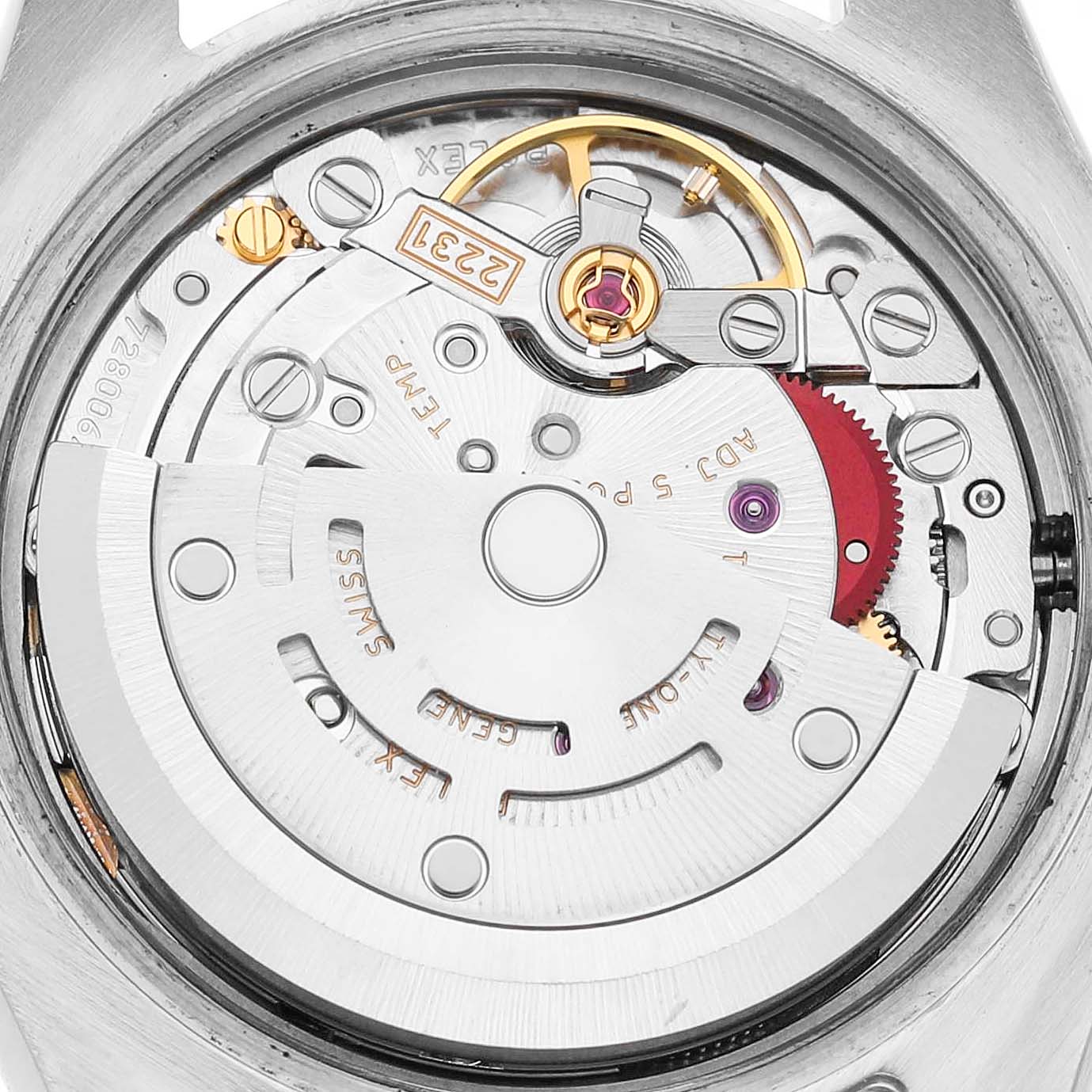 The image shows the internal mechanism of a Rolex Oyster Perpetual 176200 Women's Stainless Steel Silver Dial watch, highlighting its intricate movement components.