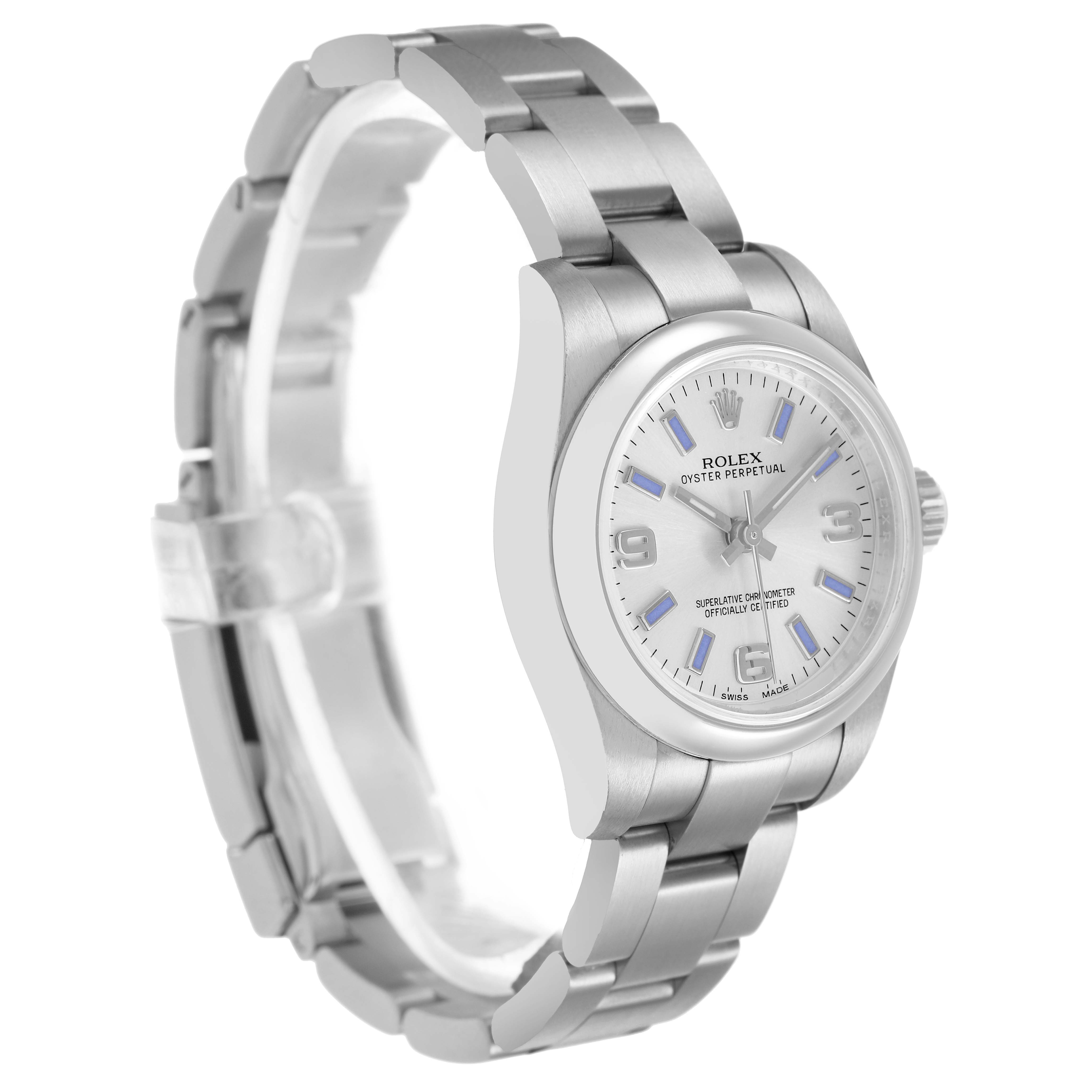 The Rolex Oyster Perpetual 176200 Women's Stainless Steel Silver Dial watch is shown at a slight angle displaying the entire face, bezel, and part of the bracelet.