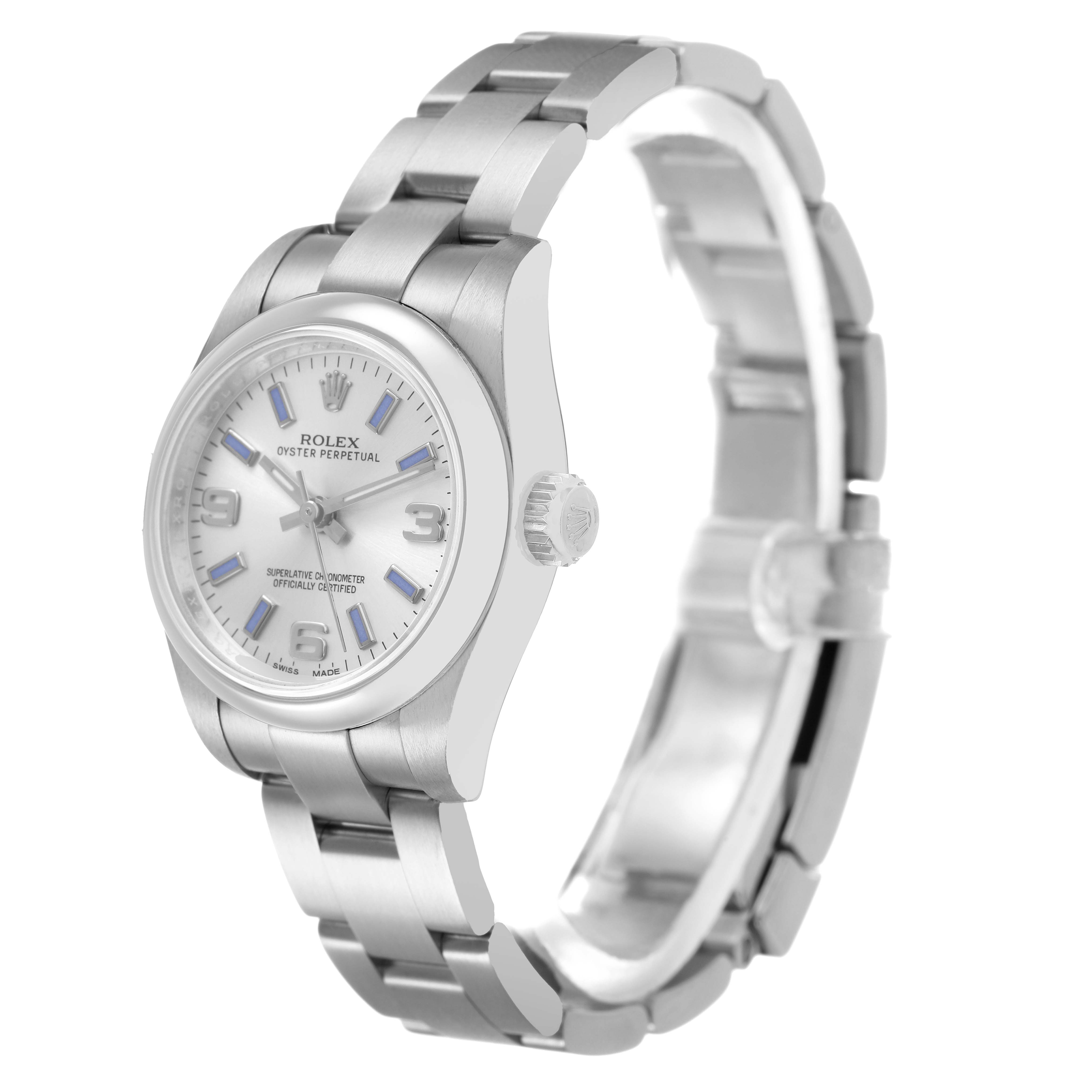 The Rolex Oyster Perpetual 176200 Women's Stainless Steel Silver Dial watch is shown at a three-quarter angle, highlighting the dial, crown, and bracelet.