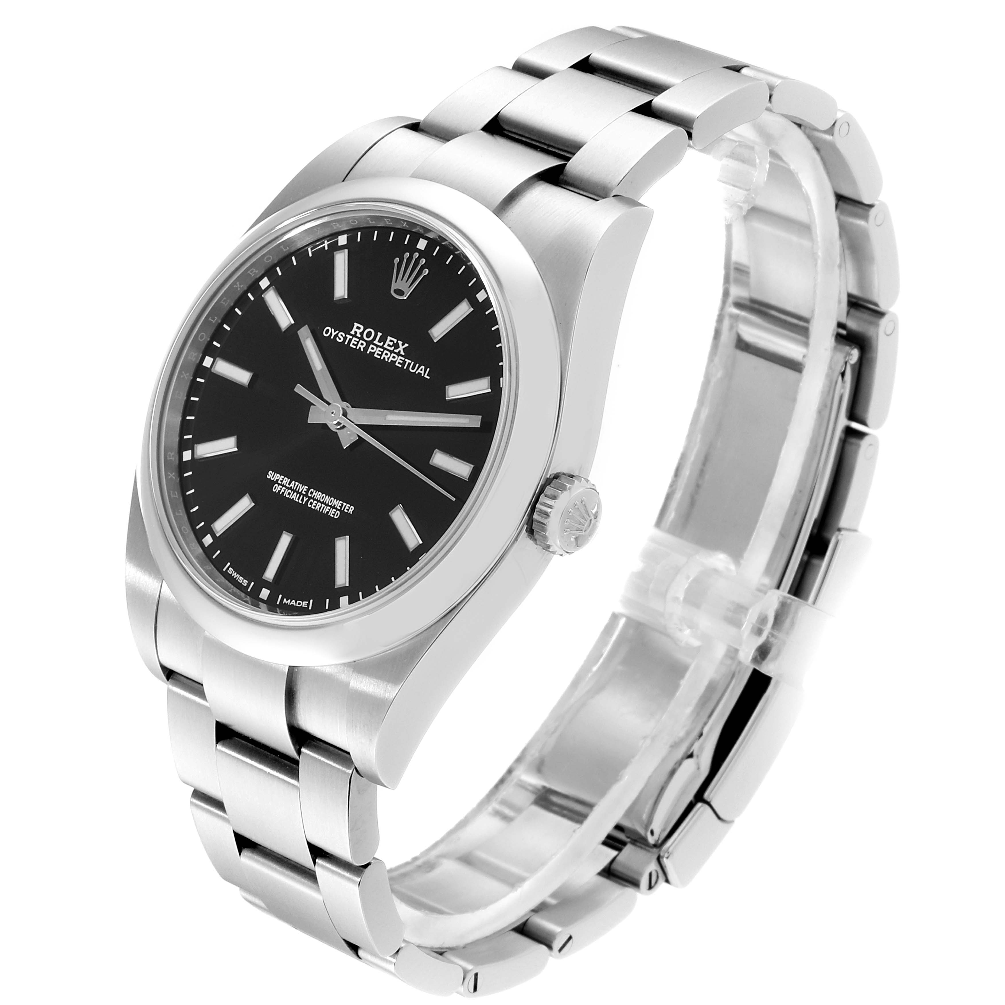 This image shows the Rolex Oyster Perpetual 114300 Men's Stainless Steel Black Dial 114300 Men's Stainless Steel Black Dial watch from a three-quarter angle, featuring the black dial, case, crown, and bracelet.