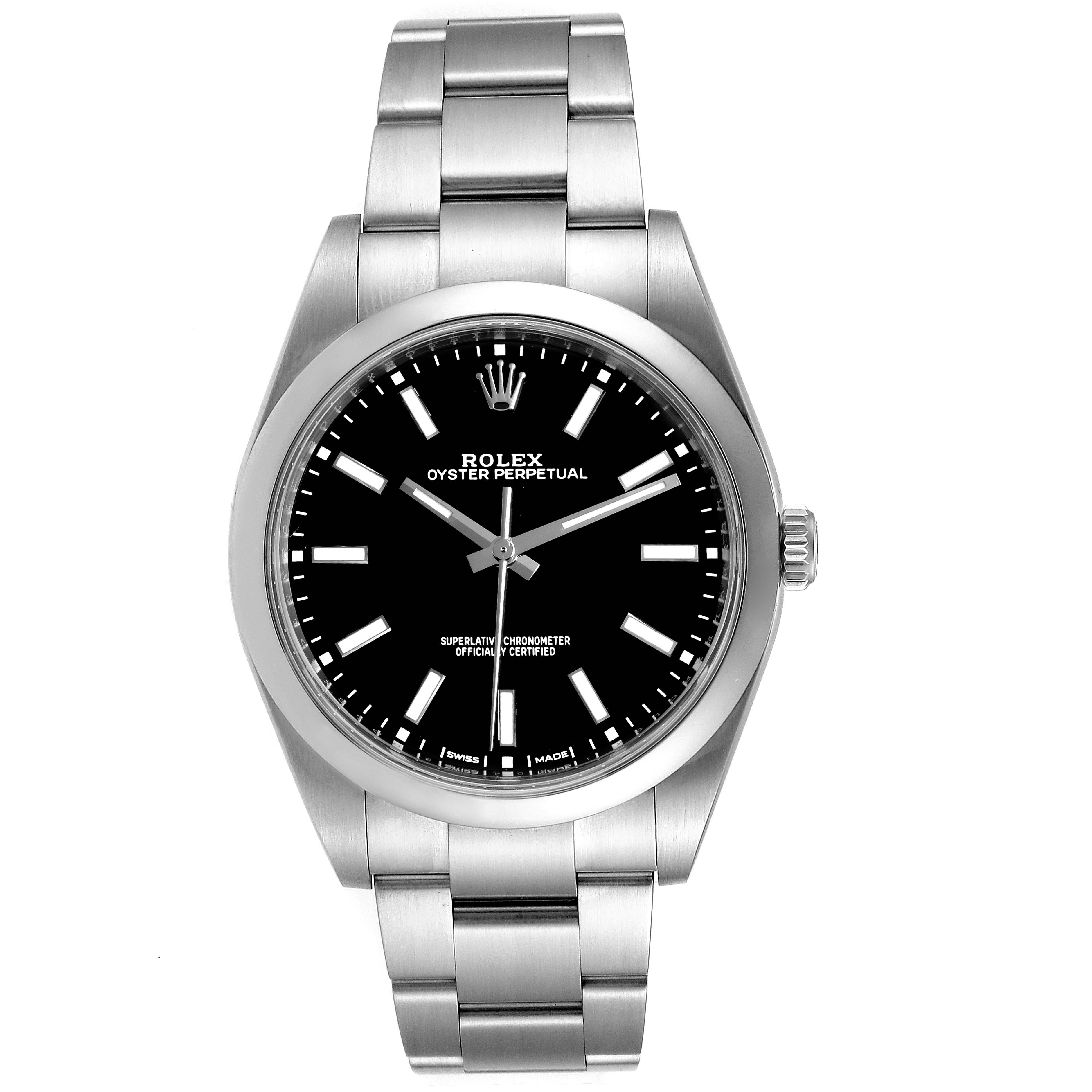 The image shows the front angle of a Rolex Oyster Perpetual 114300 Men's Stainless Steel Black Dial 114300 Men's Stainless Steel Black Dial watch, highlighting its dial, bracelet, and crown.