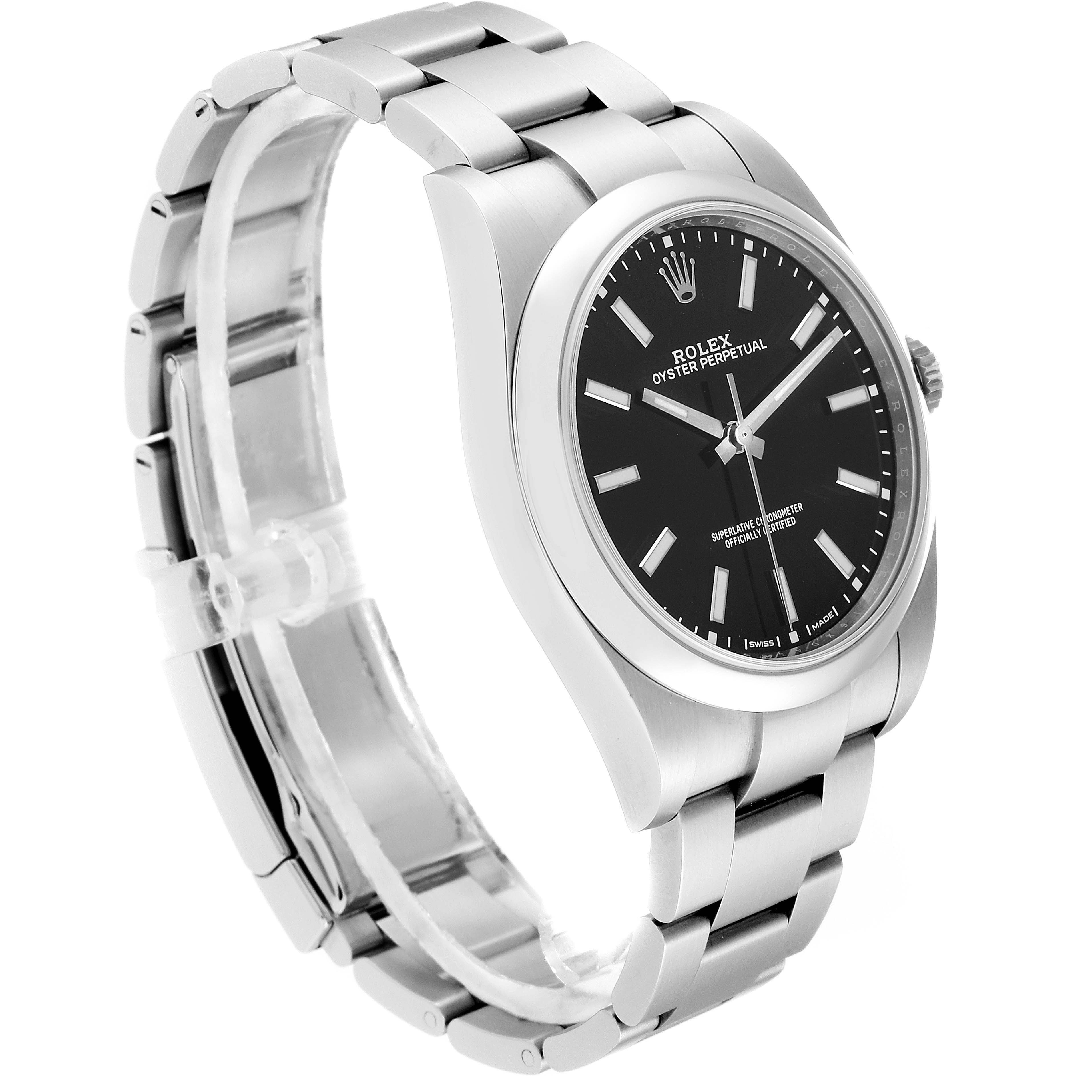 This Rolex Oyster Perpetual 114300 Men's Stainless Steel Black Dial 114300 Men's Stainless Steel Black Dial watch is shown at a side angle, displaying its black dial, case, crown, and metal bracelet.