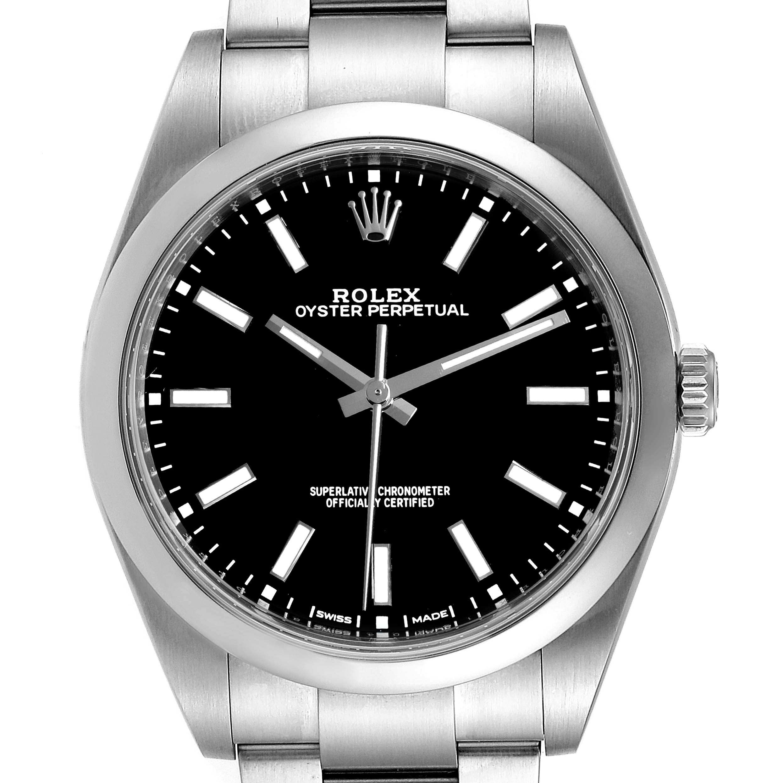 This image shows a frontal view of the Rolex Oyster Perpetual 114300 Men's Stainless Steel Black Dial 114300 Men's Stainless Steel Black Dial watch, highlighting its dial, case, and bracelet.