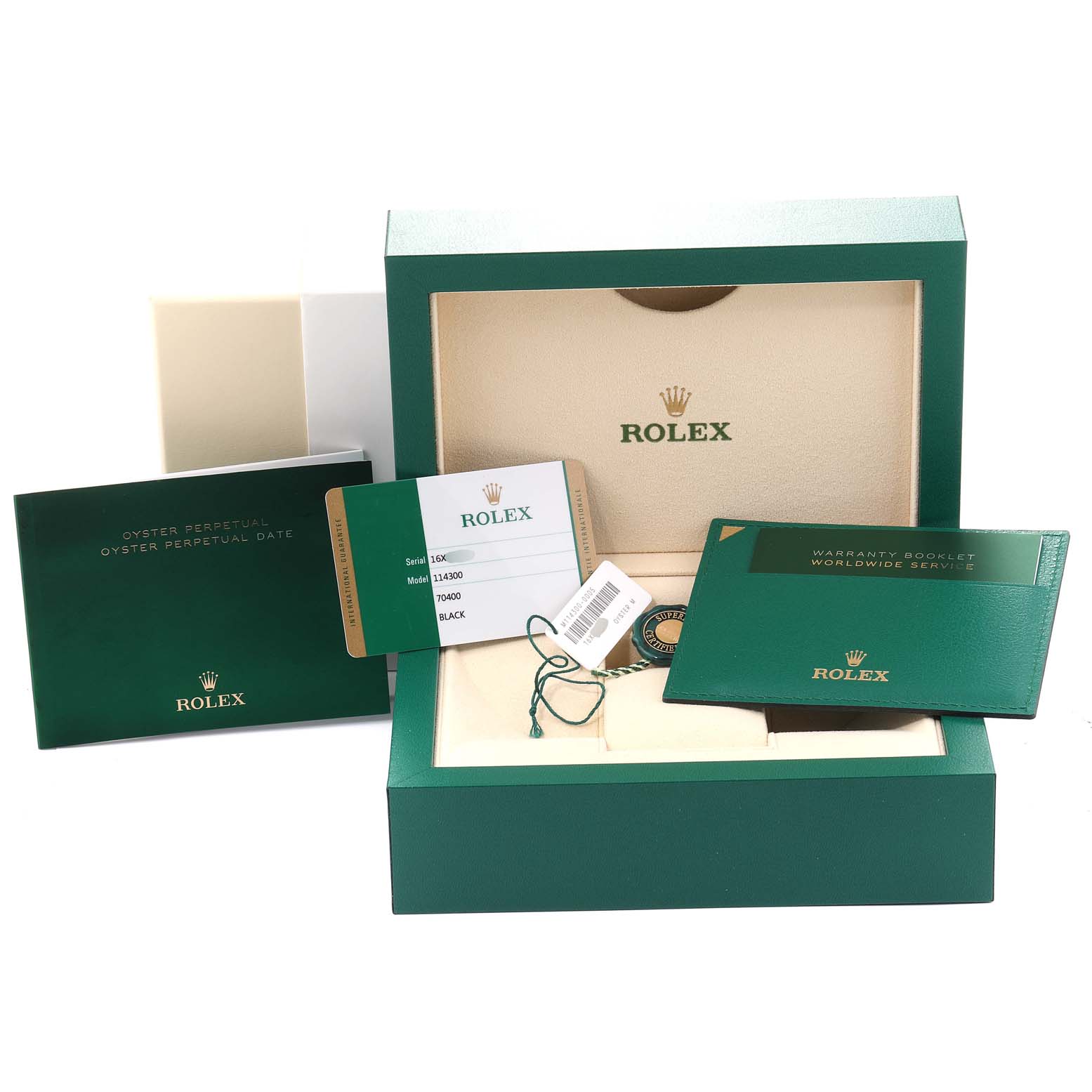 The image shows a Rolex Oyster Perpetual 114300 Men's Stainless Steel Black Dial 114300 Men's Stainless Steel Black Dial model box with warranty booklet, tags, and card.