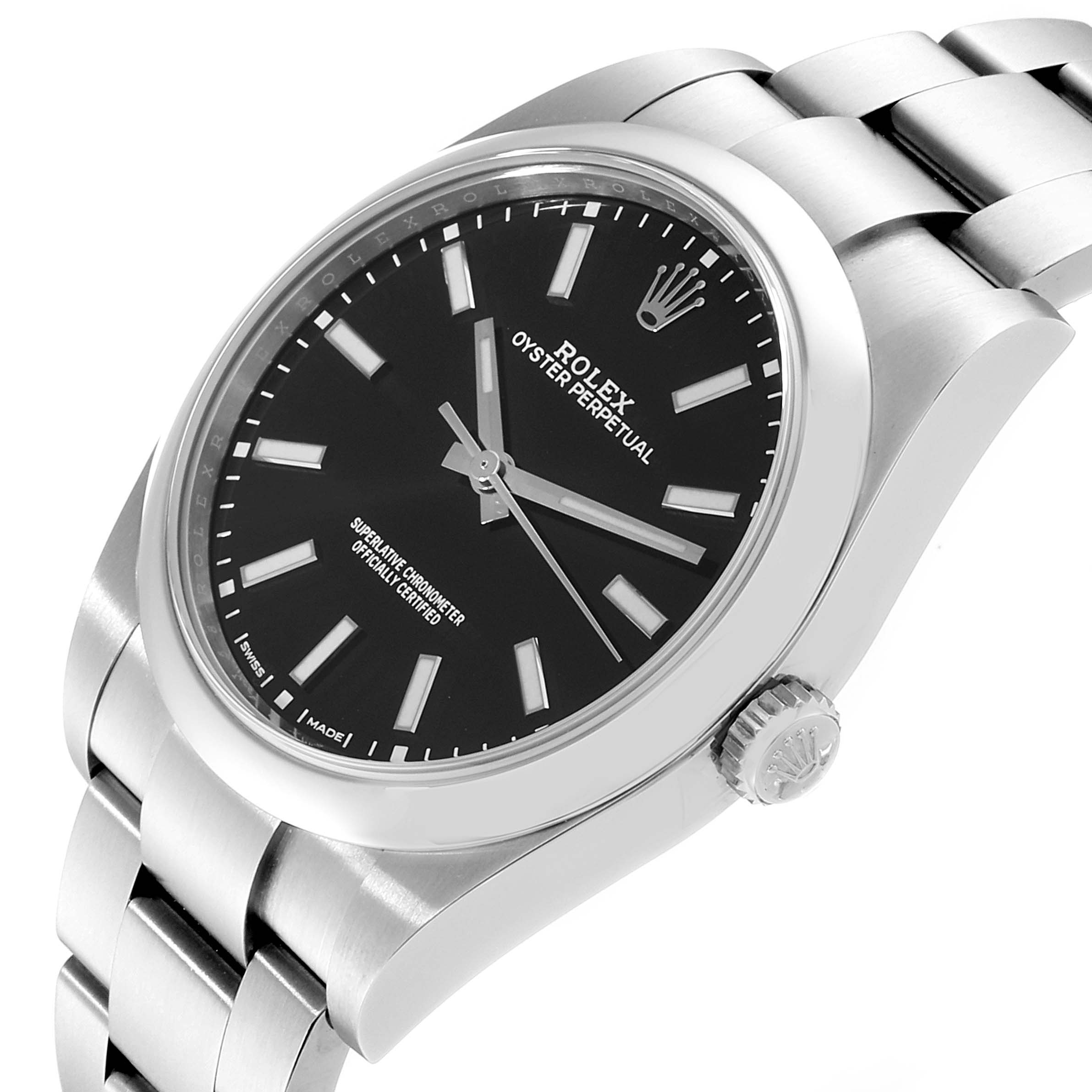 The image shows a Rolex Oyster Perpetual 114300 Men's Stainless Steel Black Dial 114300 Men's Stainless Steel Black Dial watch at a slight angle, highlighting its black dial, metal bracelet, and crown.