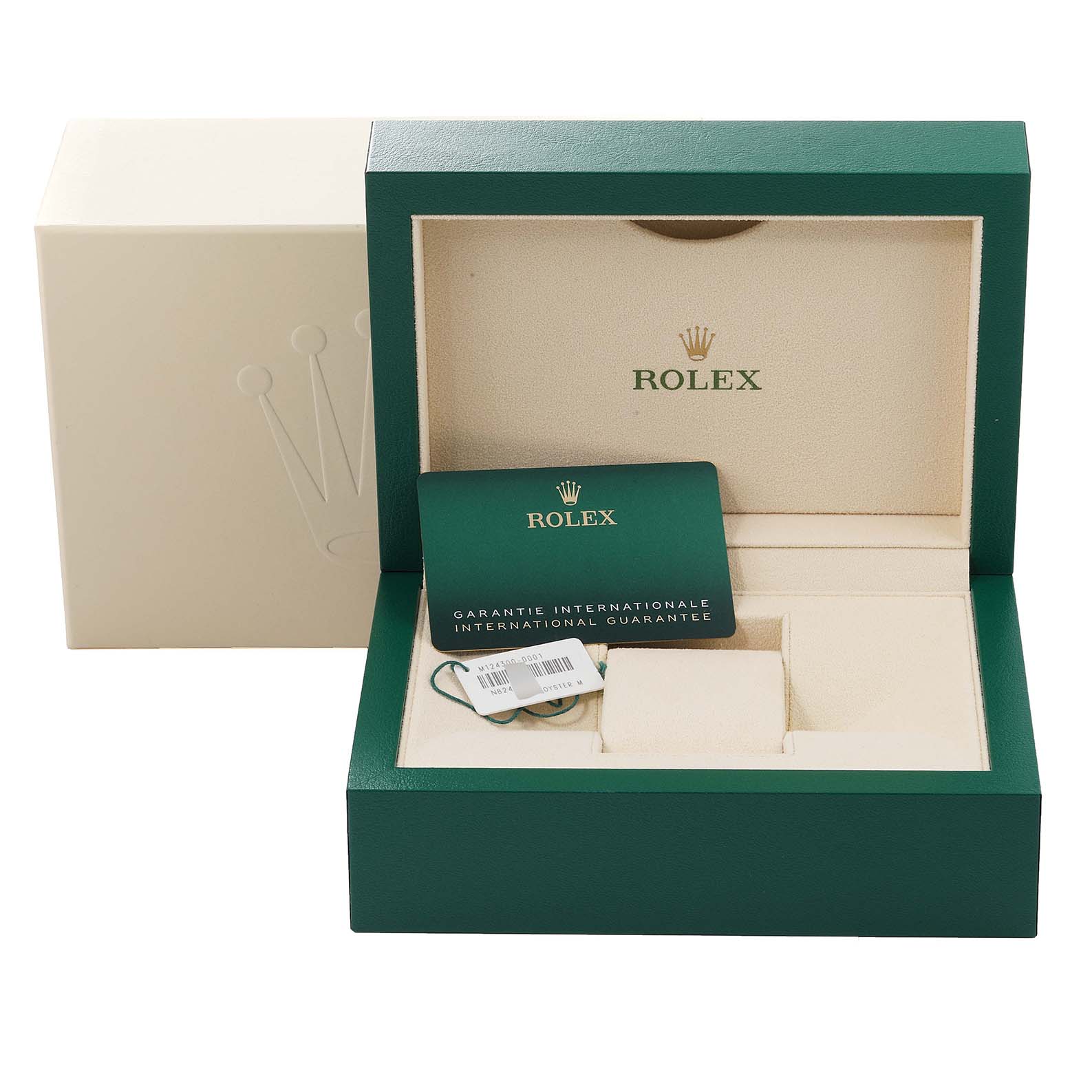 The image shows the box, international guarantee card, and tags for a Rolex Oyster Perpetual 124300 Men's Stainless Steel Silver Dial 124300 Men's Stainless Steel Silver Dial watch.