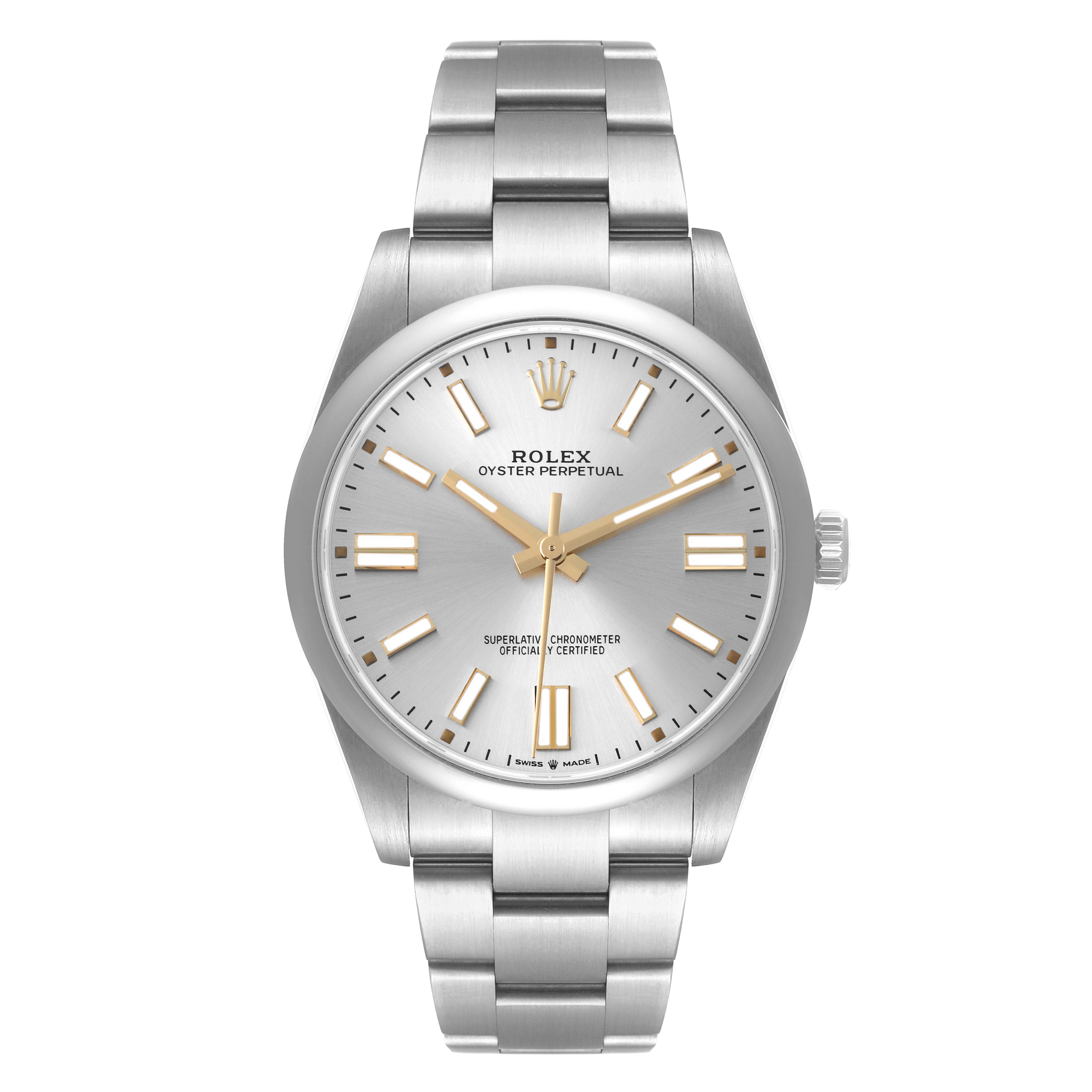 The image shows a front view of a Rolex Oyster Perpetual 124300 Men's Stainless Steel Silver Dial 124300 Men's Stainless Steel Silver Dial watch, displaying its dial, hands, case, and bracelet.