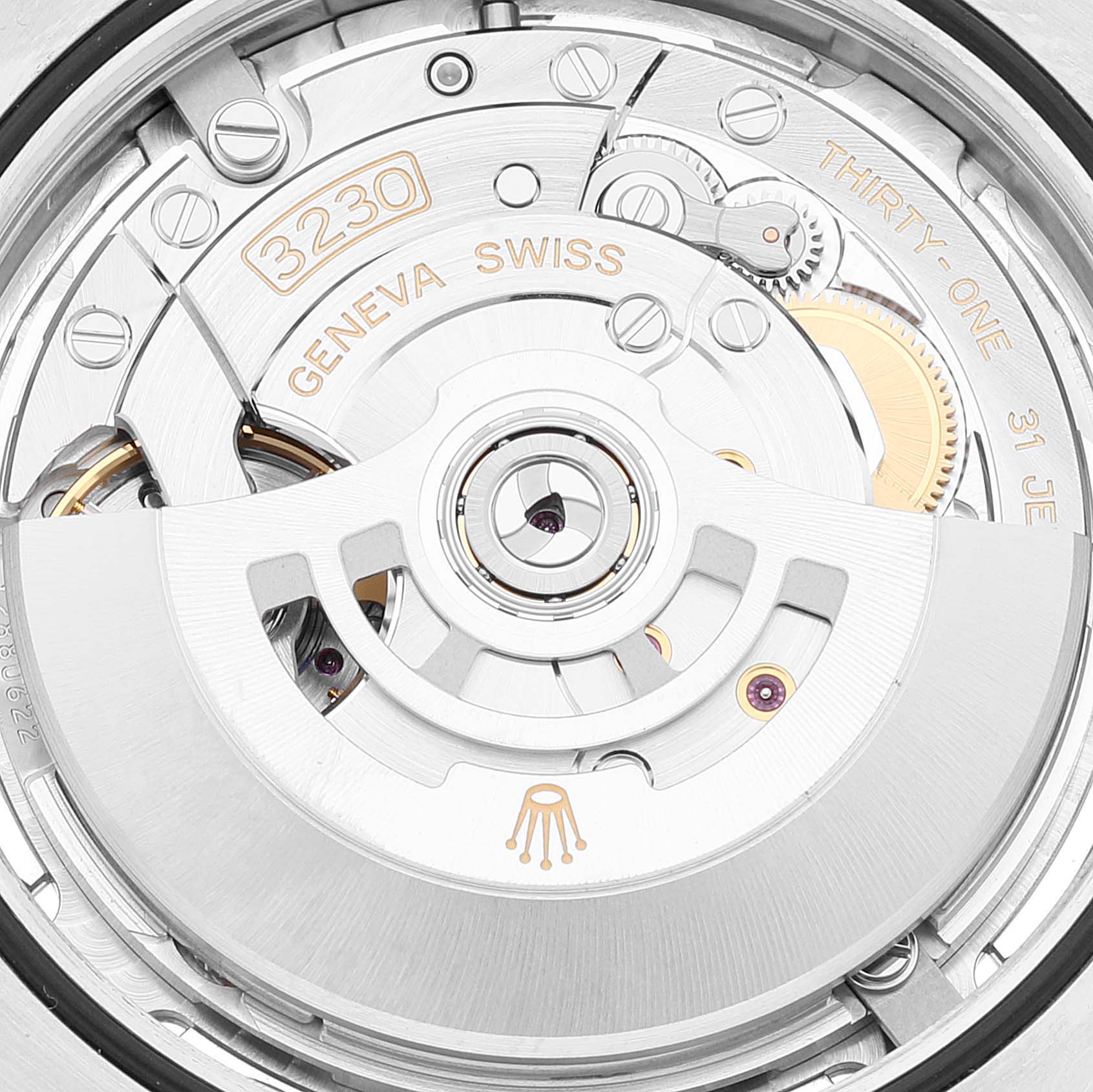 The image shows the internal movement mechanism of a Rolex Oyster Perpetual 124300 Men's Stainless Steel Silver Dial 124300 Men's Stainless Steel Silver Dial watch, highlighting the caliber 3230 rotor and components.