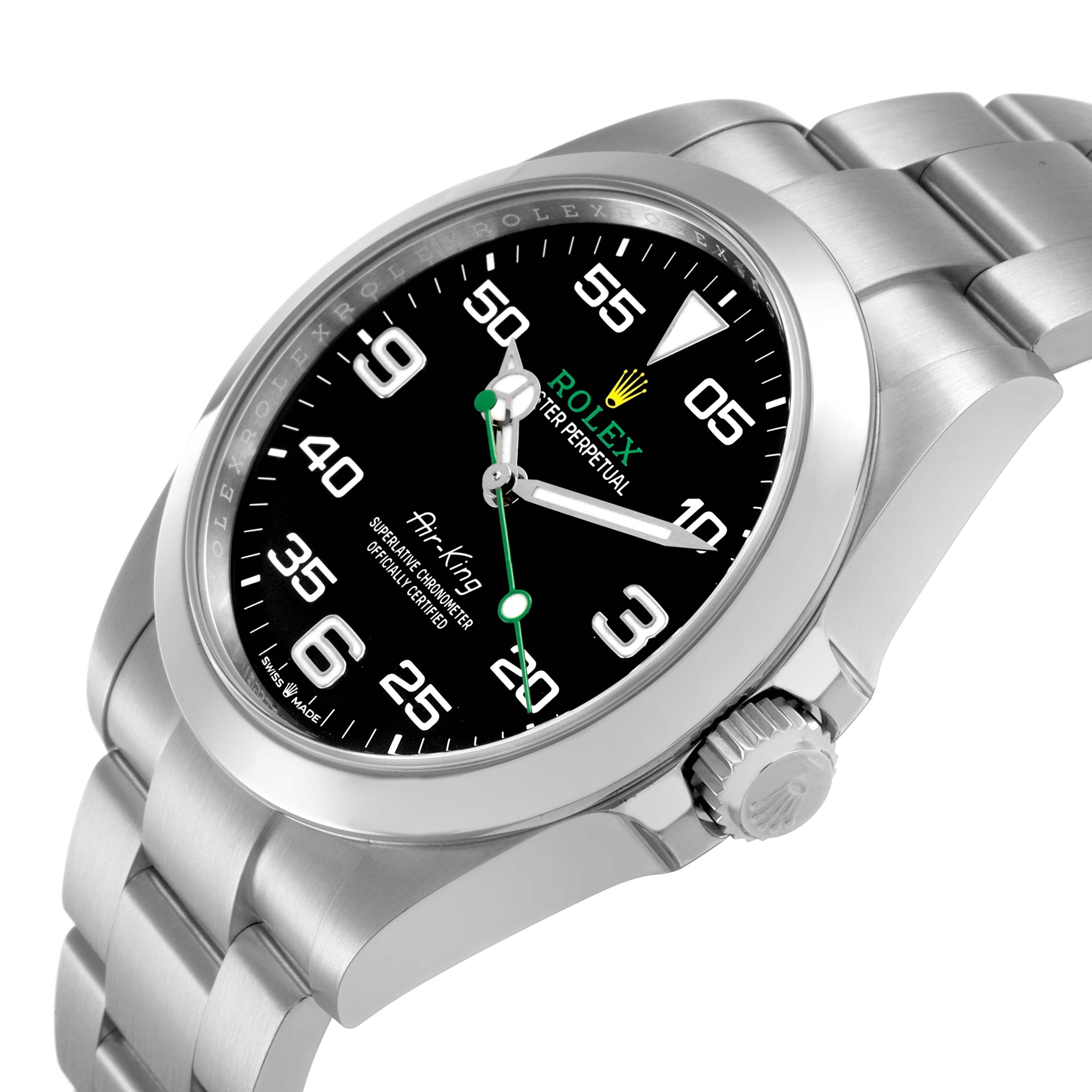 The Rolex Air-King 126900 Men's Stainless Steel Black Dial watch is shown at an angled side view, highlighting the dial, crown, and part of the bracelet.