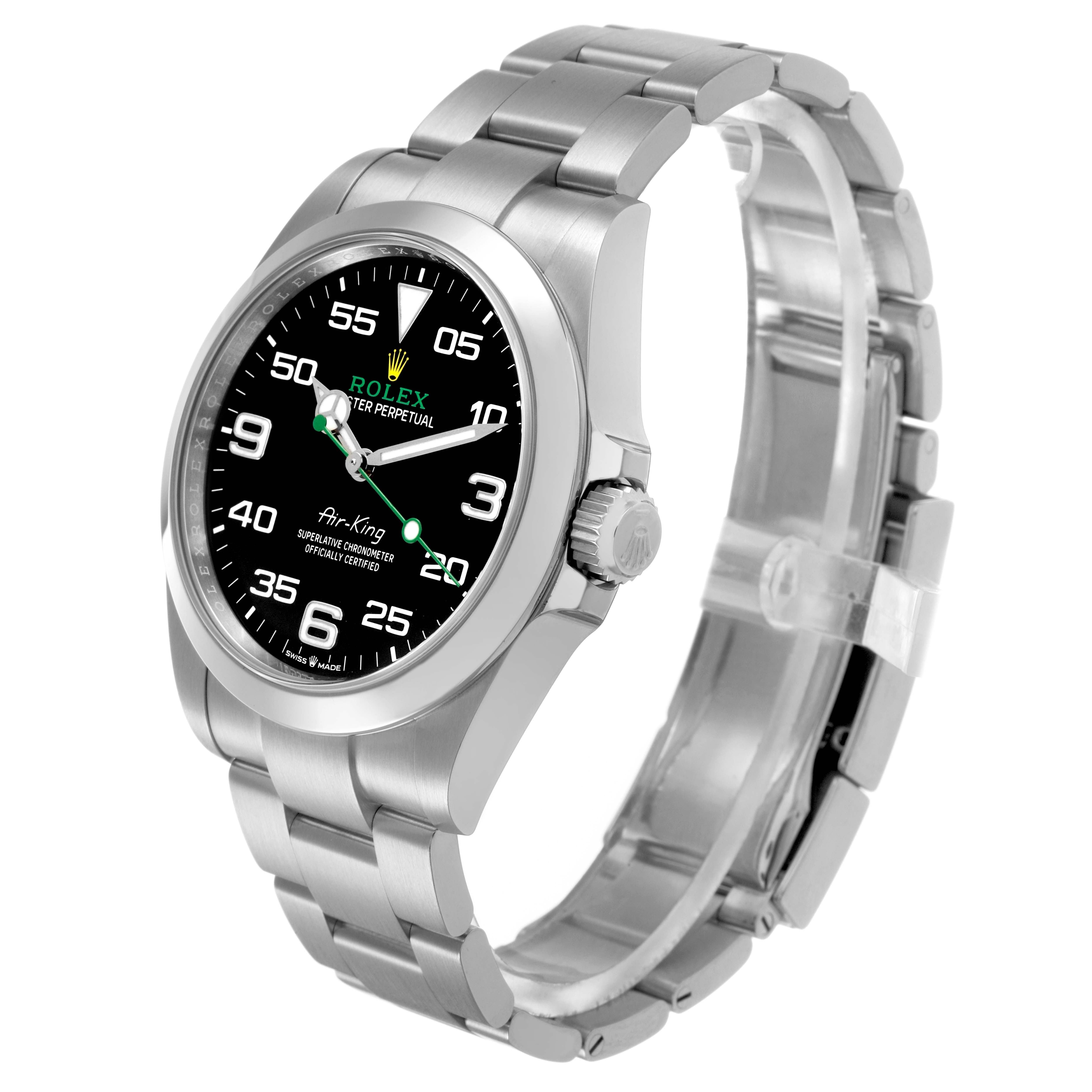 The Rolex Air-King 126900 Men's Stainless Steel Black Dial watch is shown at a slight angle, featuring the dial, crown, and bracelet.