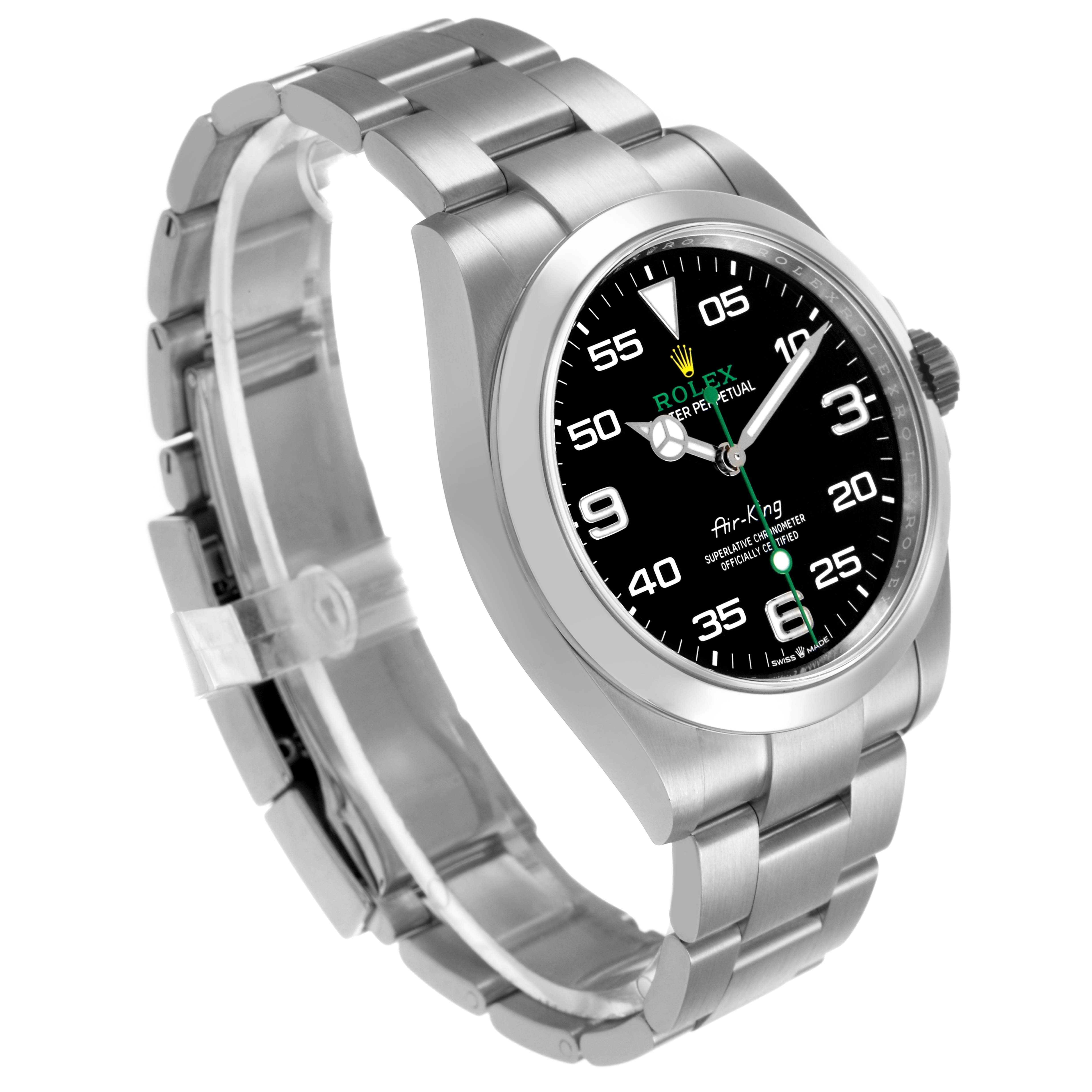 The Rolex Air-King 126900 Men's Stainless Steel Black Dial watch is shown at a three-quarter angle, highlighting the face, bezel, and bracelet.