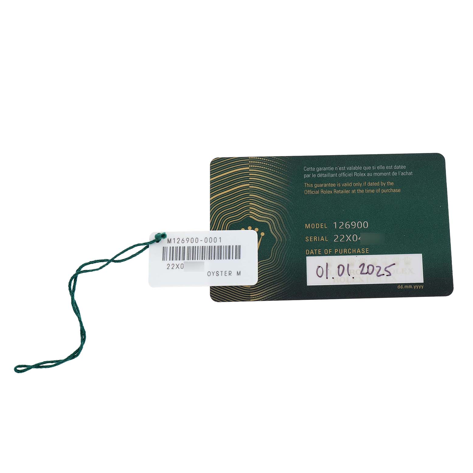 The image shows a Rolex Air-King 126900 Men's Stainless Steel Black Dial warranty card and a tied tag with model and serial details.