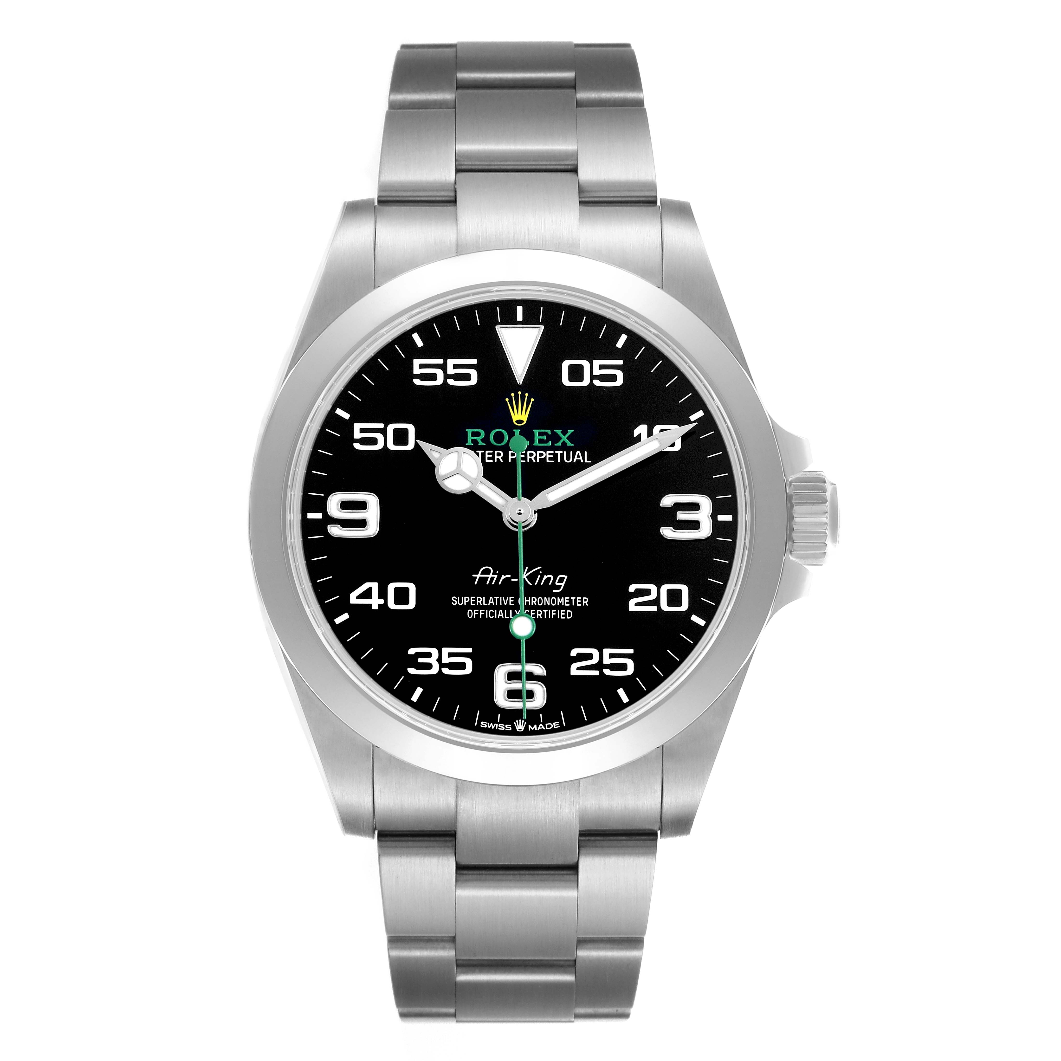 The Rolex Air-King 126900 Men's Stainless Steel Black Dial watch is shown from a front angle, displaying its face, bracelet, and crown.